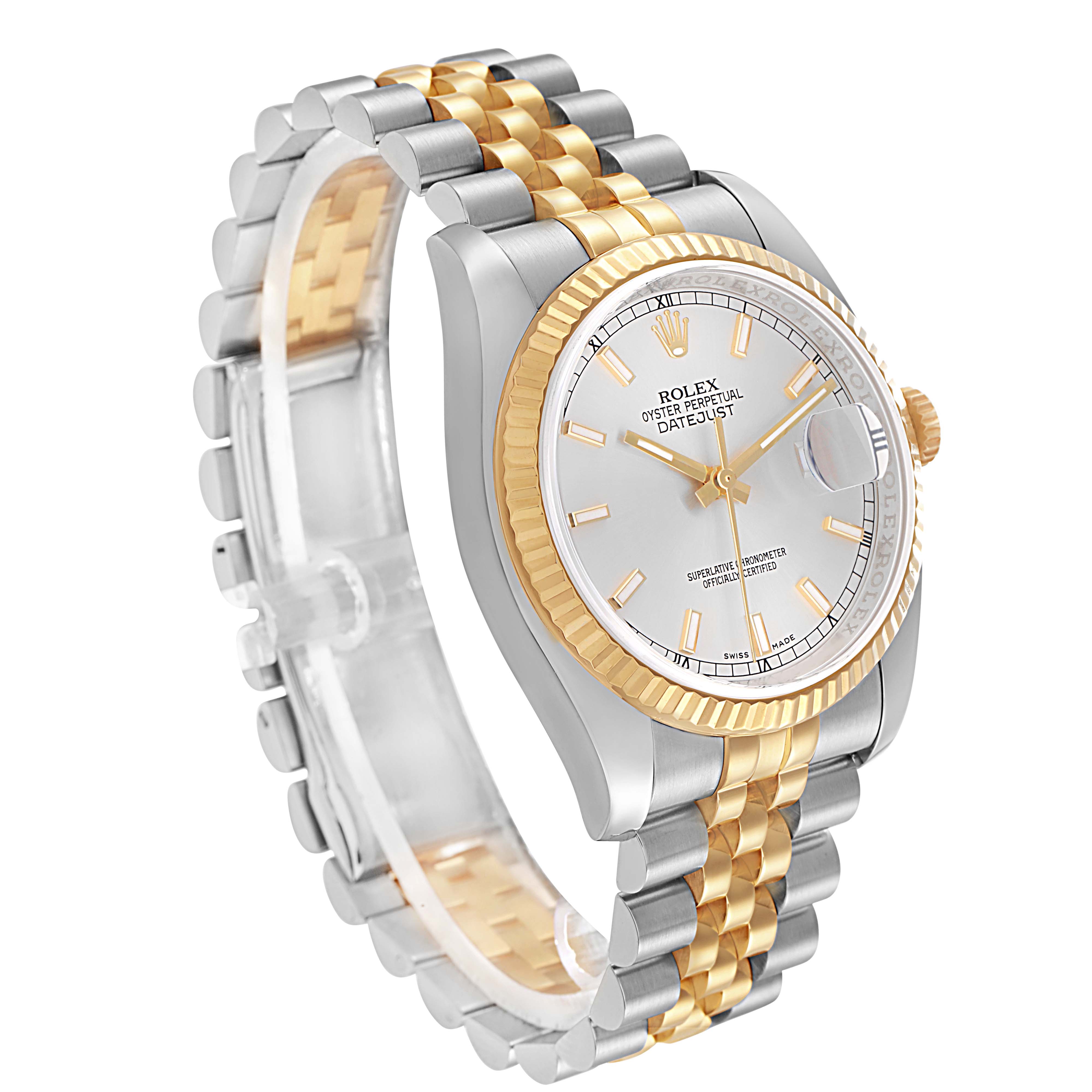The Rolex Datejust 116233 Men
s Steel and Gold (two tone) Silver Dial watch is shown at an angle highlighting the face, fluted bezel, and two-tone Jubilee bracelet.