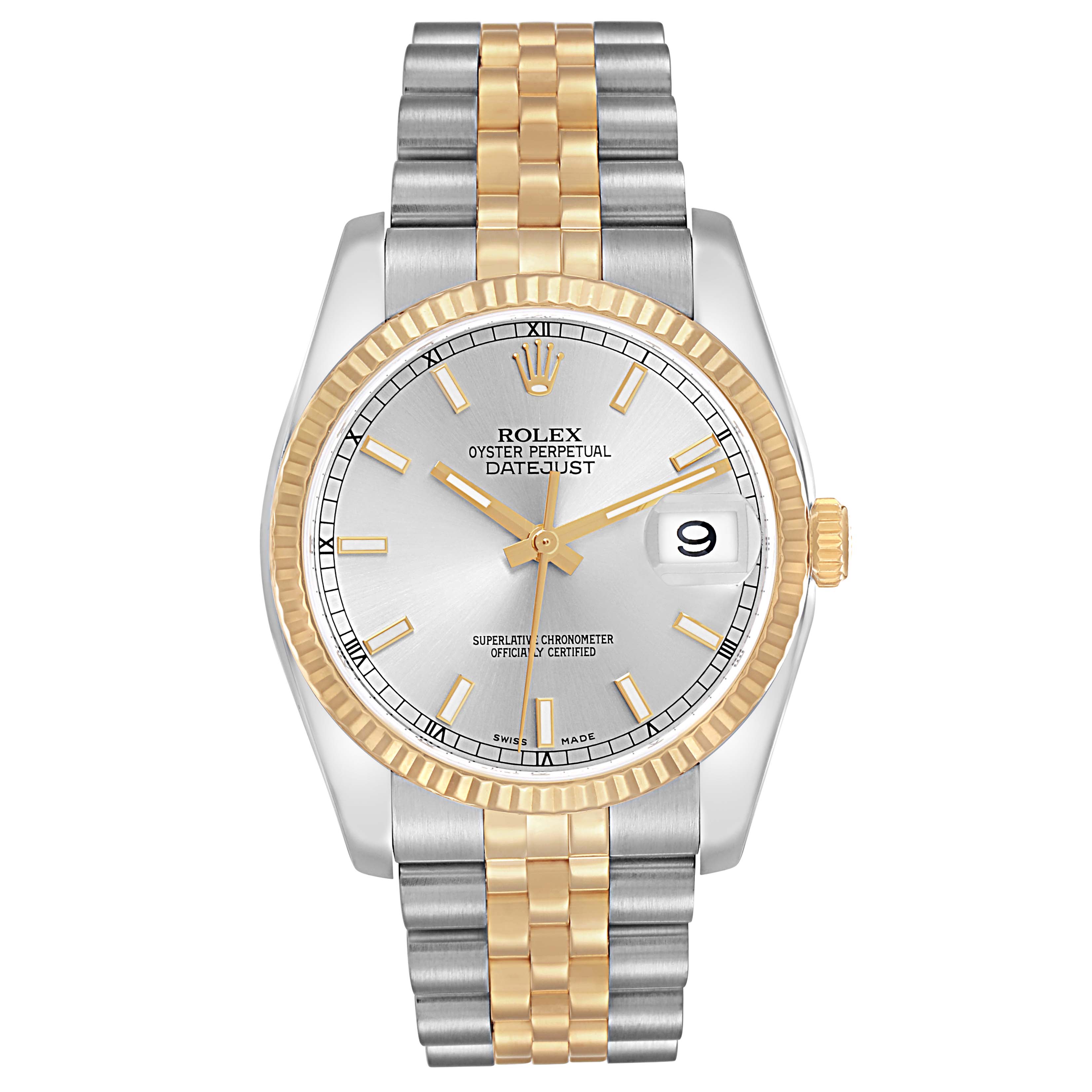 The Rolex Datejust 116233 Men
s Steel and Gold (two tone) Silver Dial watch is shown from the front, highlighting the bezel, dial, hands, bracelet, and date window.