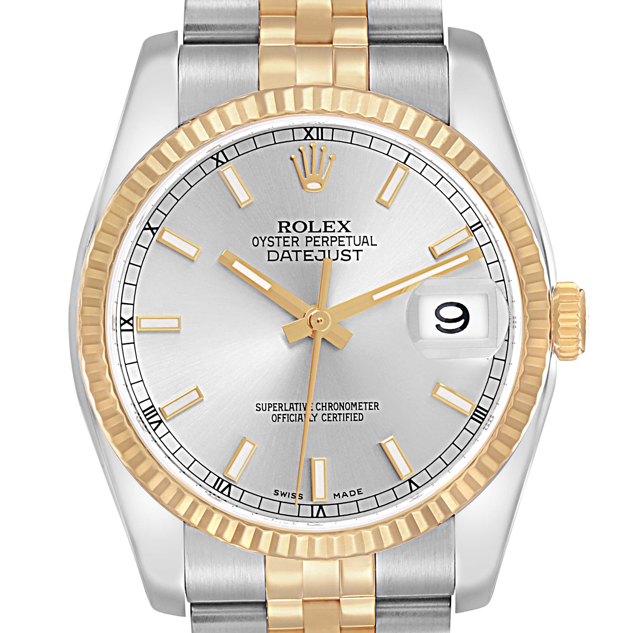 The Rolex Datejust 116233 Men
s Steel and Gold (two tone) Silver Dial watch is shown from a front angle, highlighting the dial, bezel, case, crown, and part of the bracelet.