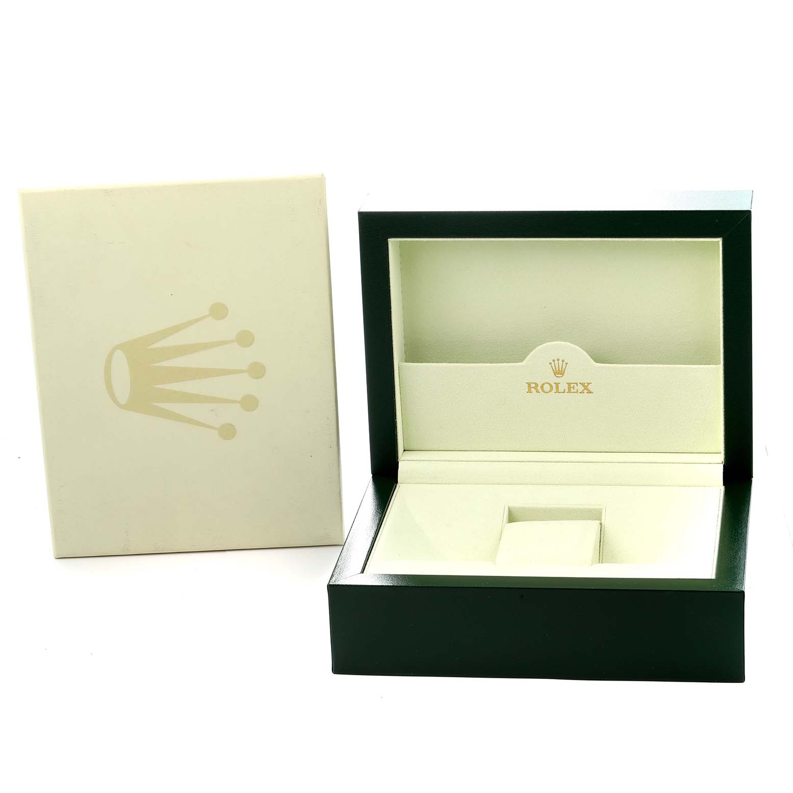 The image shows the open presentation box and outer box for a Rolex Datejust 116233 Men
s Steel and Gold (two tone) Silver Dial watch.