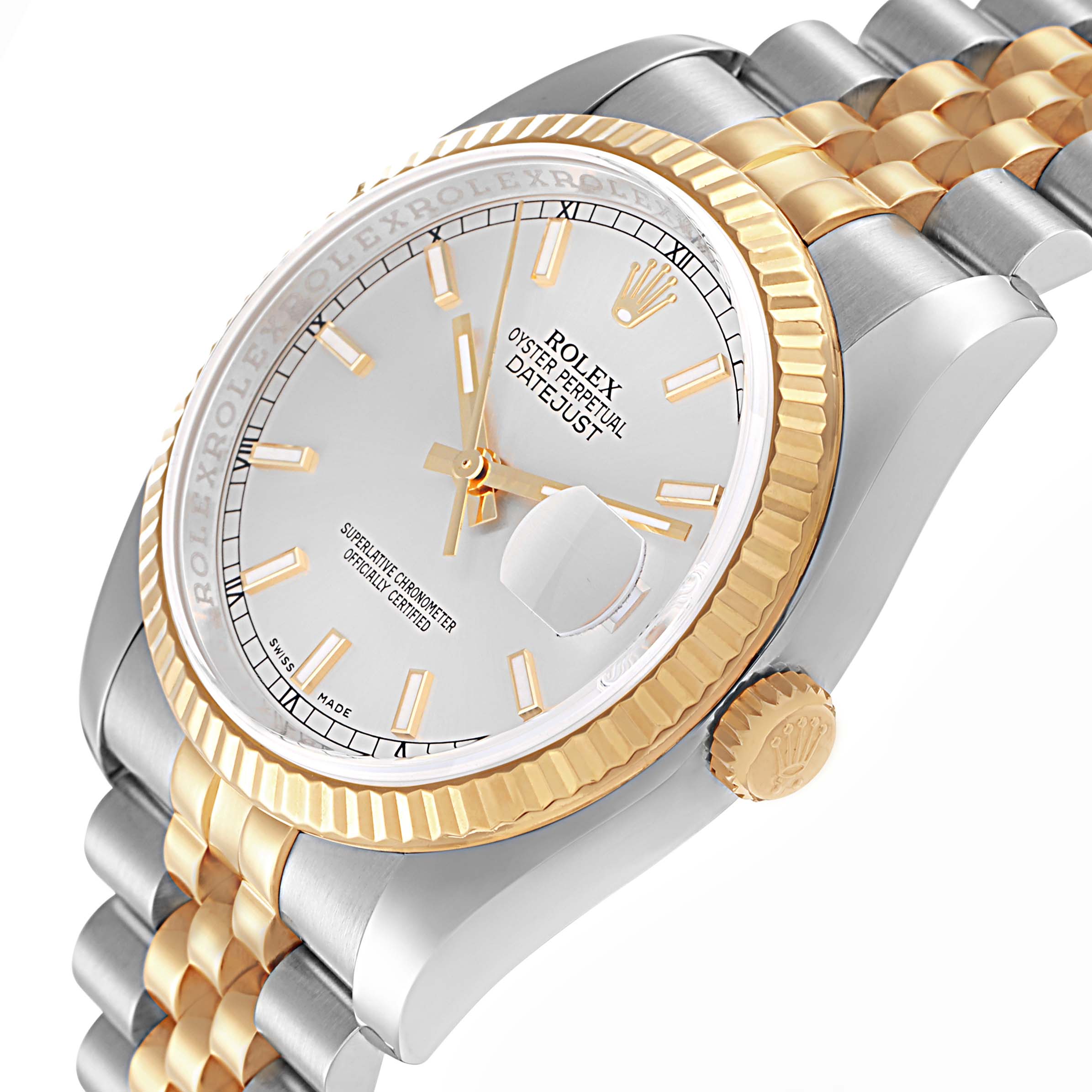 The Rolex Datejust 116233 Men
s Steel and Gold (two tone) Silver Dial watch is shown at a side angle, highlighting the gold and silver bracelet, crown, and fluted bezel.