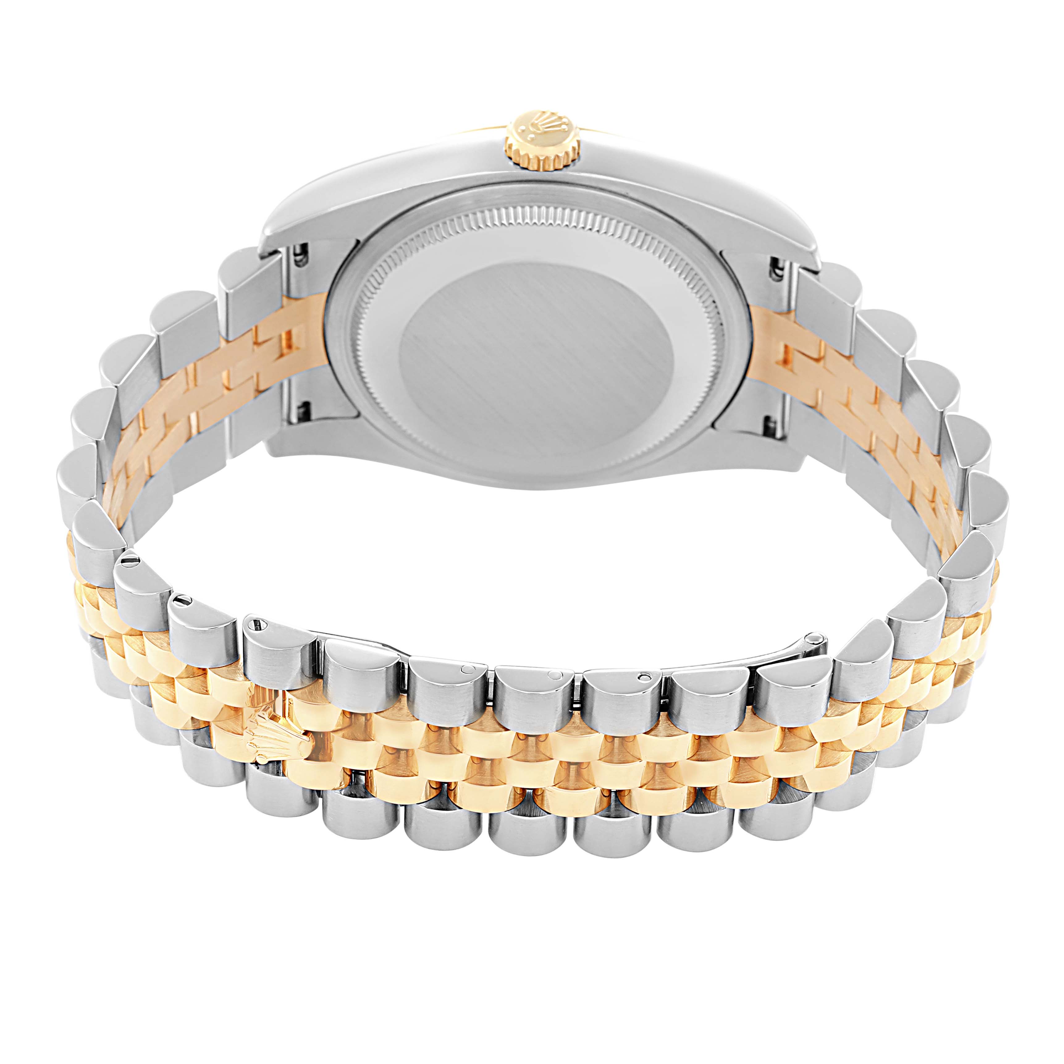 The image shows the back of a Rolex Datejust 116233 Men
s Steel and Gold (two tone) Silver Dial watch, highlighting the bracelet and case back.