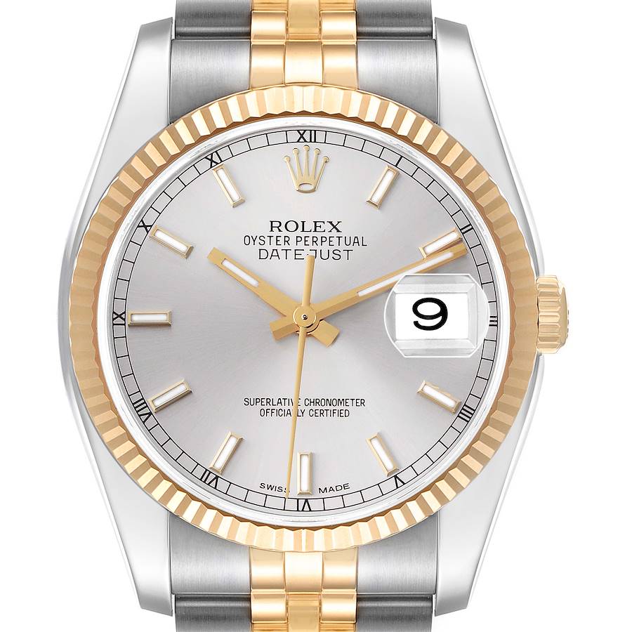 The image shows a frontal view of the Rolex Datejust model 116233, highlighting its two-tone bracelet, fluted bezel, and silver dial with a date window.