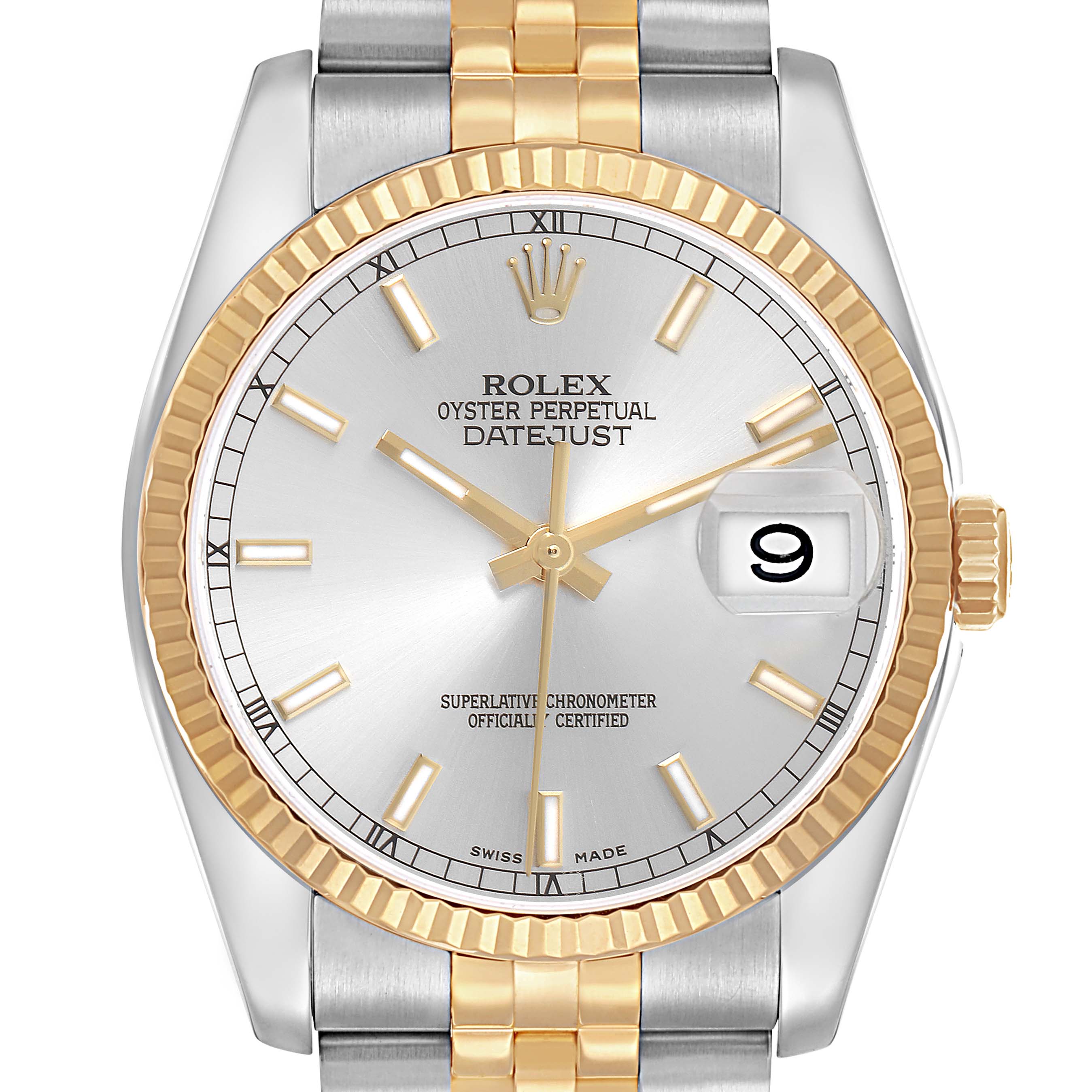 The Rolex Datejust 116233 Men
s Steel and Gold (two tone) Silver Dial watch is shown from a frontal angle, highlighting its dial, bezel, and part of the bracelet.