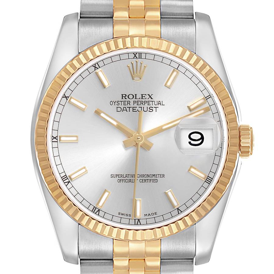 The image shows a Rolex Datejust model 116233 men's watch at a front angle, highlighting the dial, bezel, and part of the bracelet.