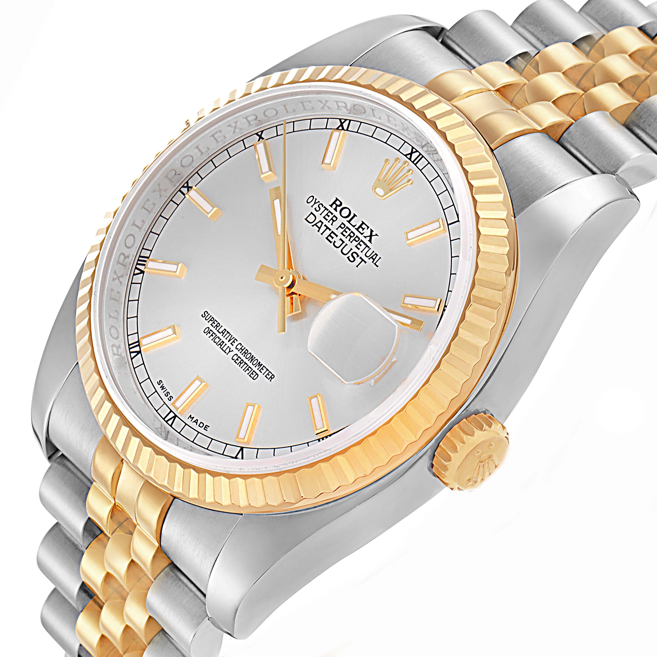 The Rolex Datejust 116233 Men
s Steel and Gold (two tone) Silver Dial watch is shown at an angled view, highlighting the dial, fluted bezel, crown, and two-tone bracelet.