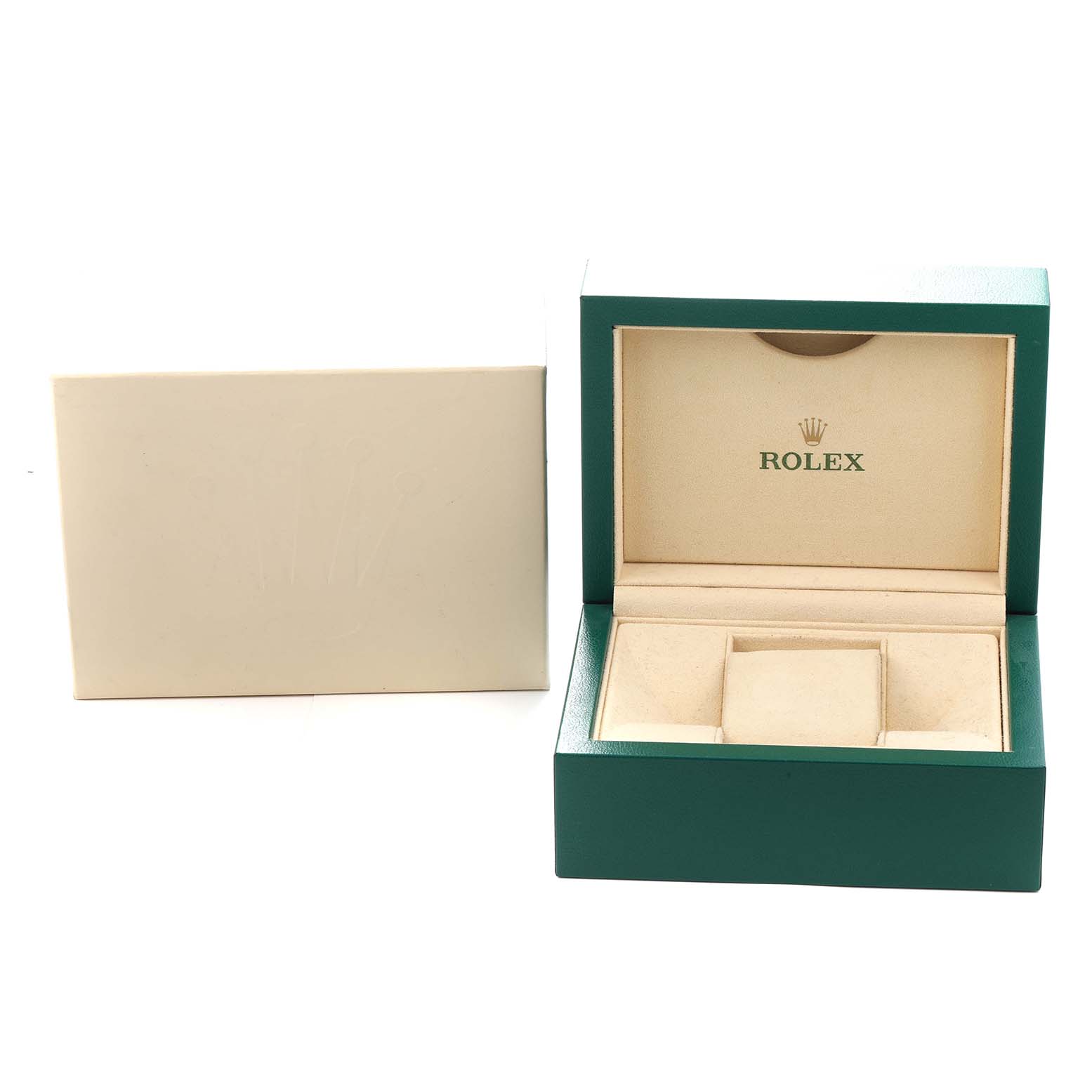 This image shows the open green and beige Rolex Datejust 116233 Men
s Steel and Gold (two tone) Silver Dial watch box and its outer beige case from a front angle.
