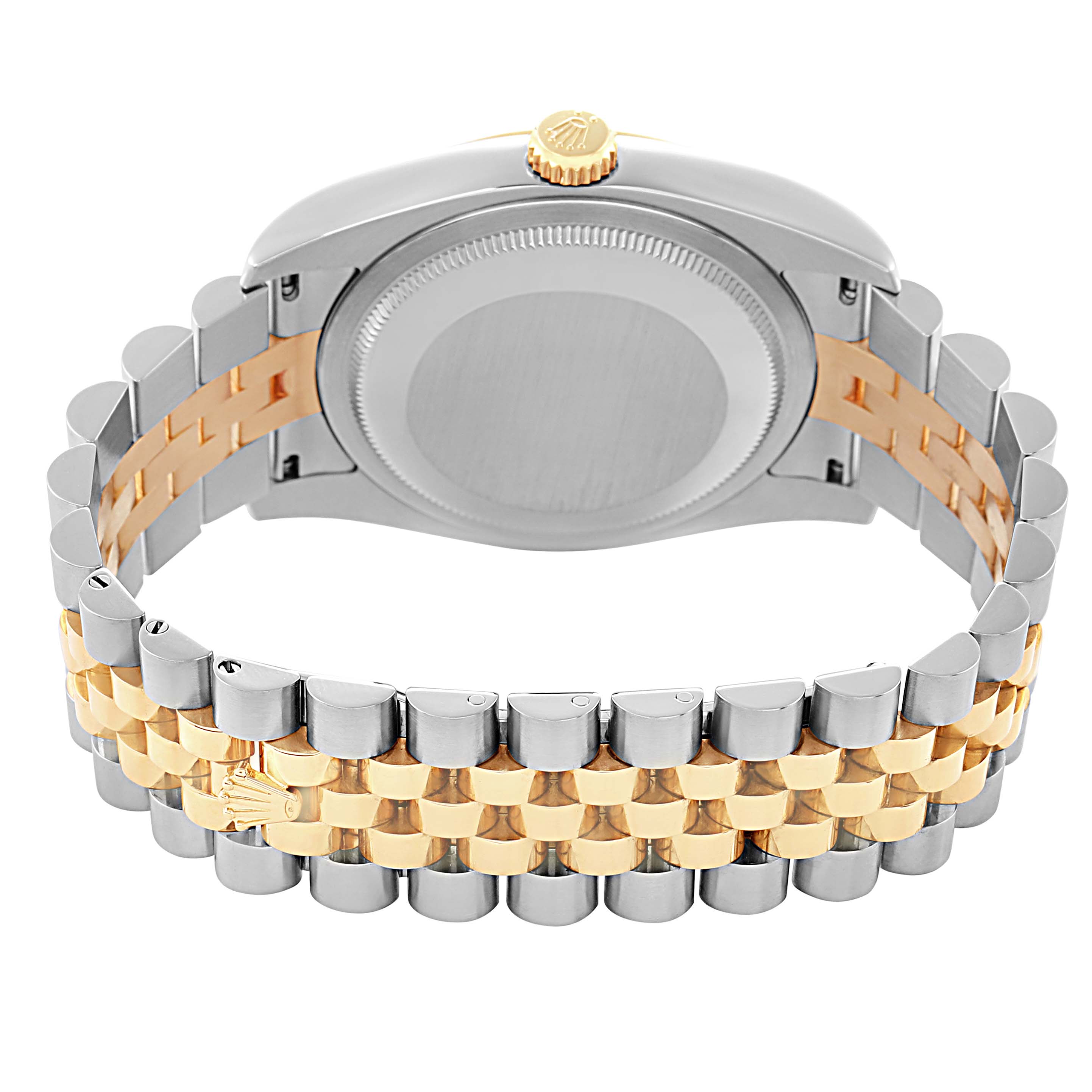 The image shows the back case and bracelet underside of a Rolex Datejust 116233 Men
s Steel and Gold (two tone) Silver Dial, highlighting the two-tone metal links.