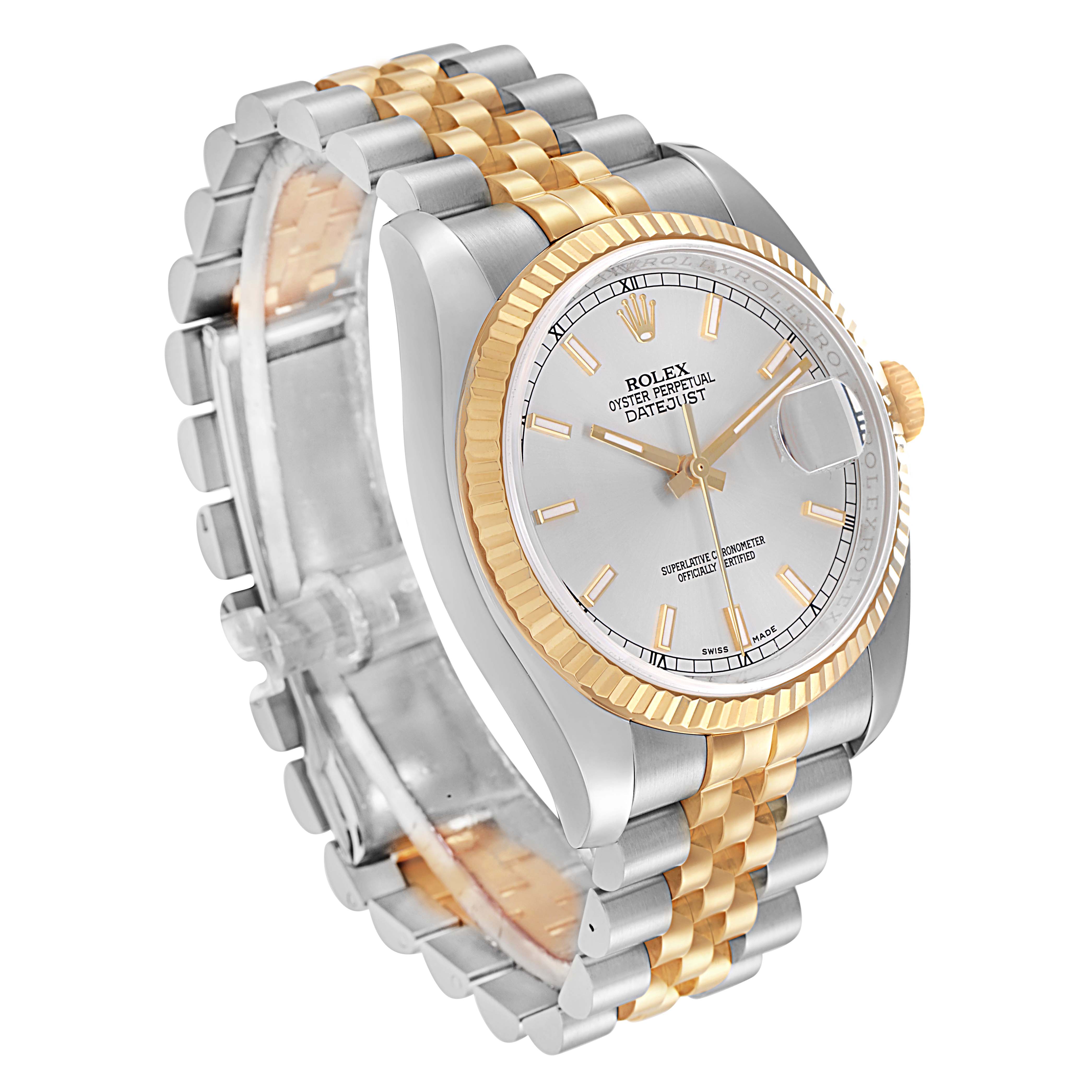 The Rolex Datejust 116233 Men
s Steel and Gold (two tone) Silver Dial watch is shown at a three-quarter angle, highlighting the dial, bezel, crown, and two-tone bracelet.