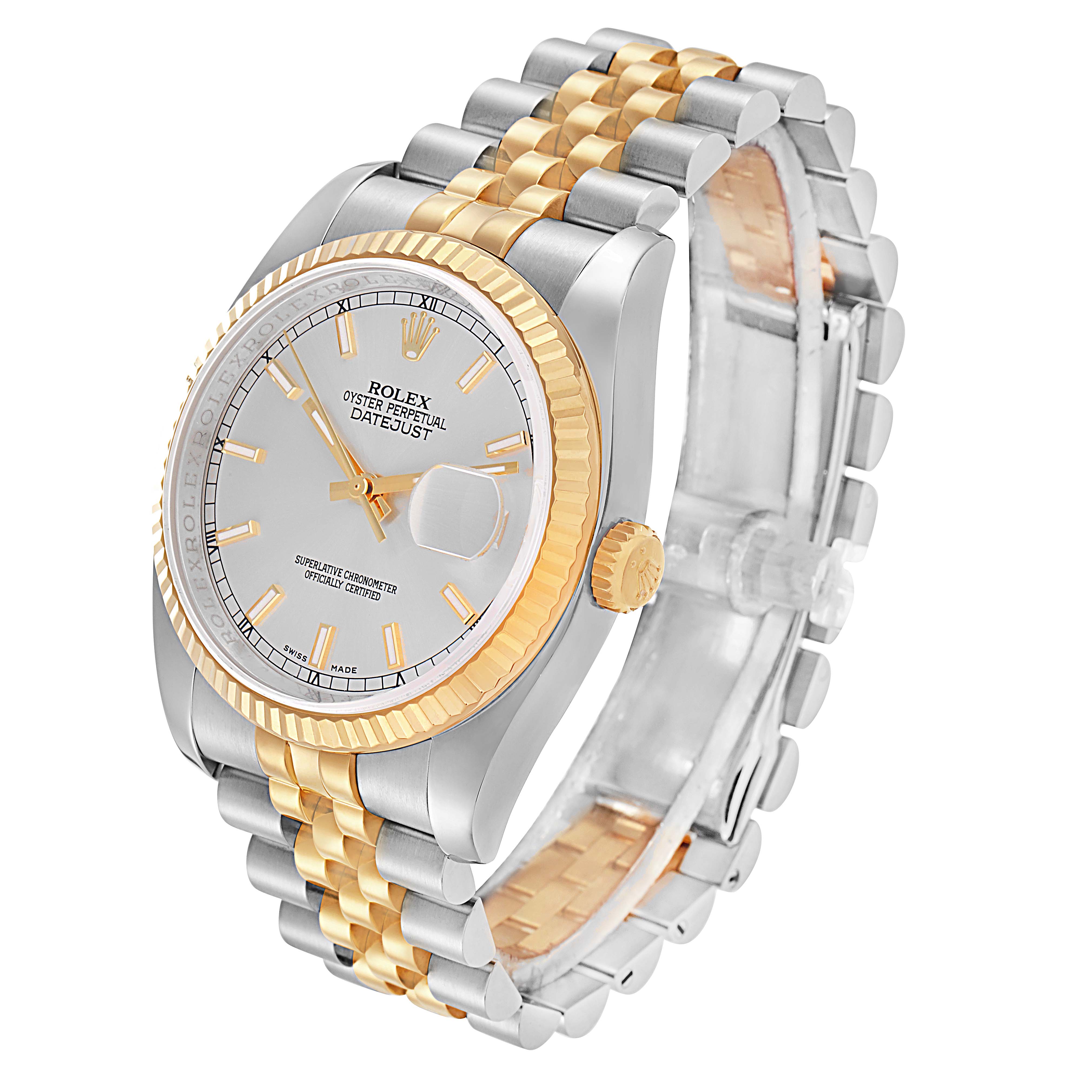 The Rolex Datejust 116233 Men
s Steel and Gold (two tone) Silver Dial watch is shown at a three-quarter angle, highlighting the dial, bezel, crown, and Jubilee bracelet.