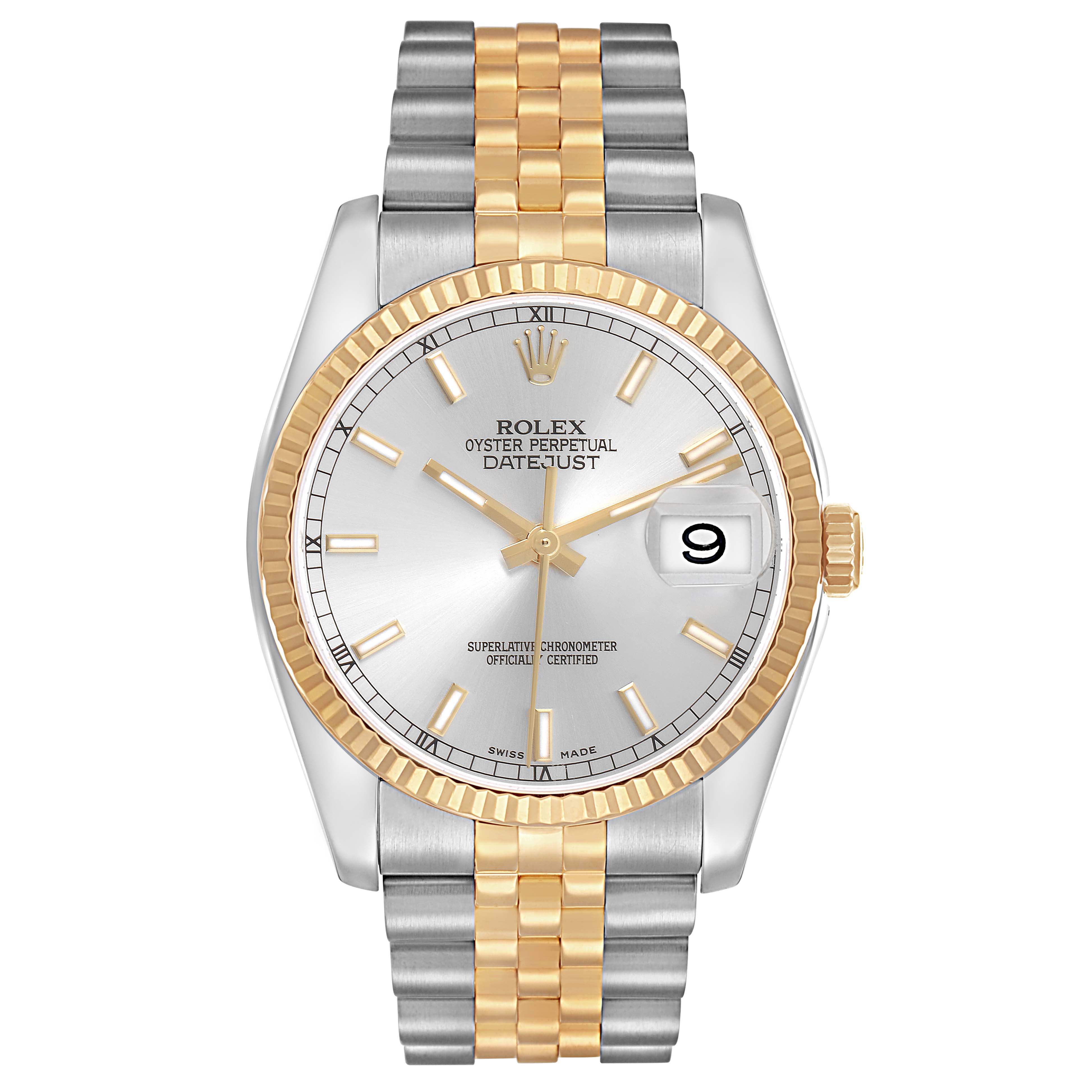 The Rolex Datejust 116233 Men
s Steel and Gold (two tone) Silver Dial watch is shown from the front, featuring its dial, fluted bezel, and two-tone Jubilee bracelet.