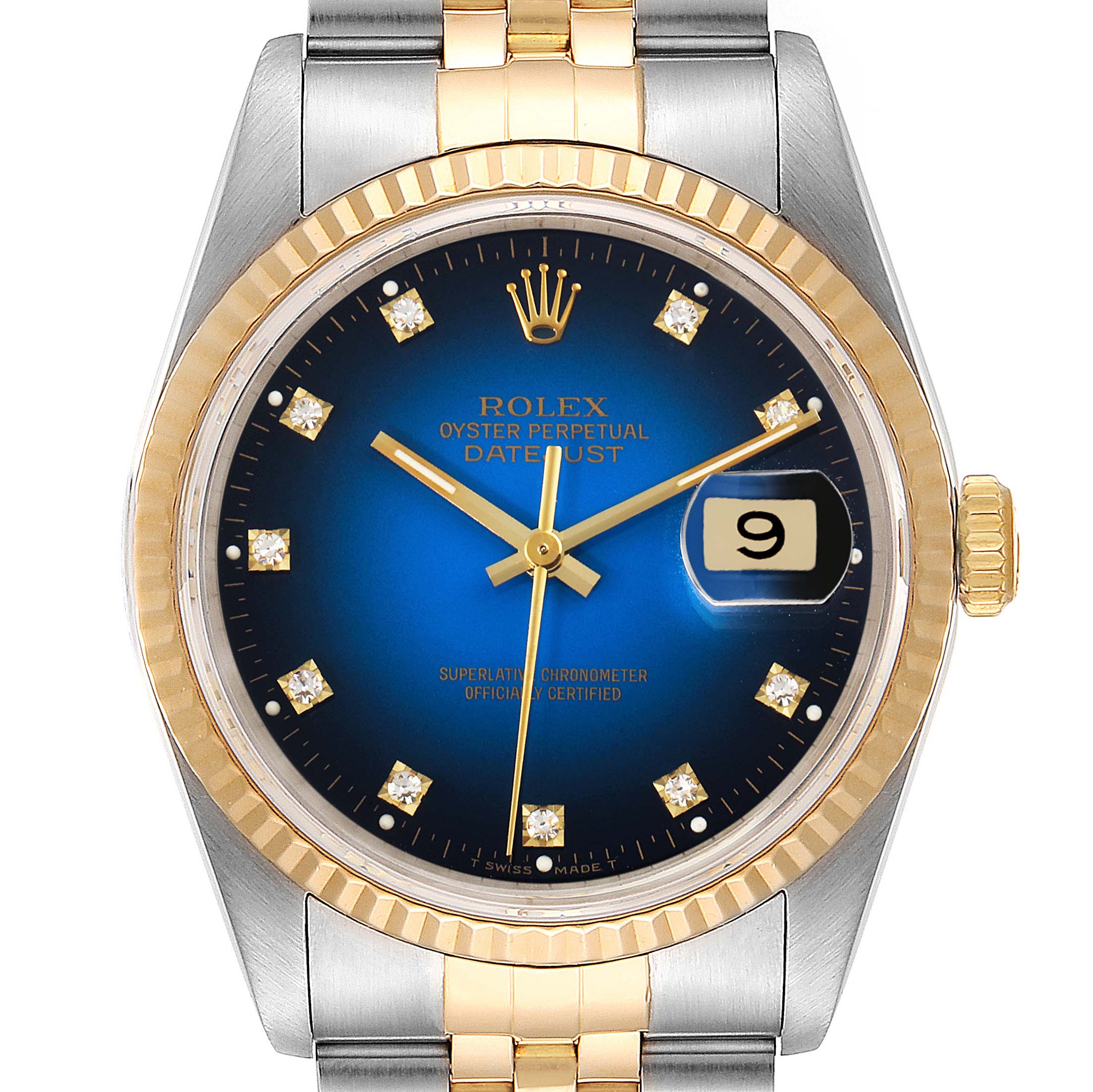 The image shows a Rolex Datejust 16233 Men's Steel and Gold (two tone) Blue Dial 16233 Men's Steel and Gold (two tone) Blue Dial watch from the front, highlighting its blue dial, gold fluted bezel, and two-tone bracelet.