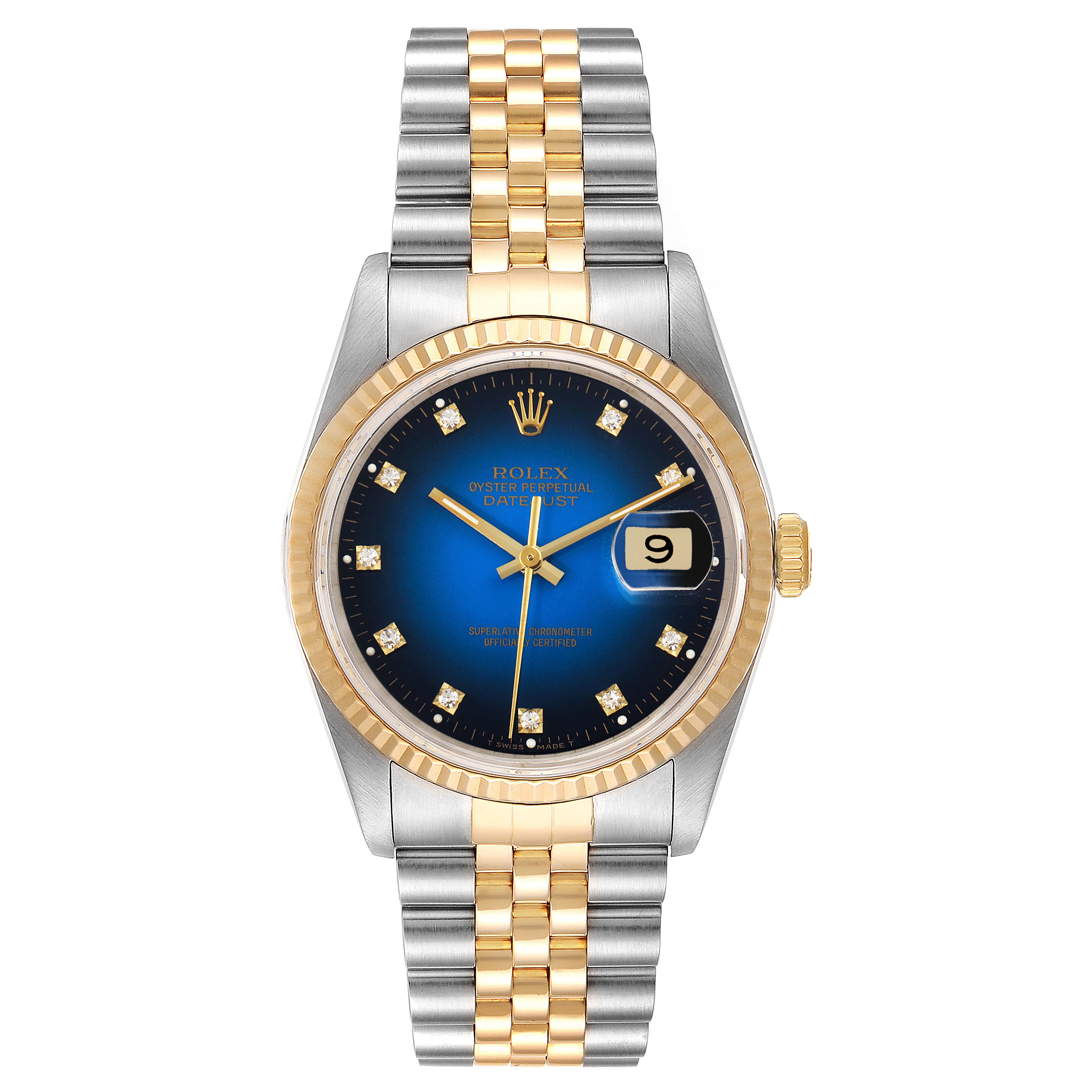 The Rolex Datejust 16233 Men's Steel and Gold (two tone) Blue Dial 16233 Men's Steel and Gold (two tone) Blue Dial watch is shown from a top-down angle, displaying its face, bezel, and bracelet.