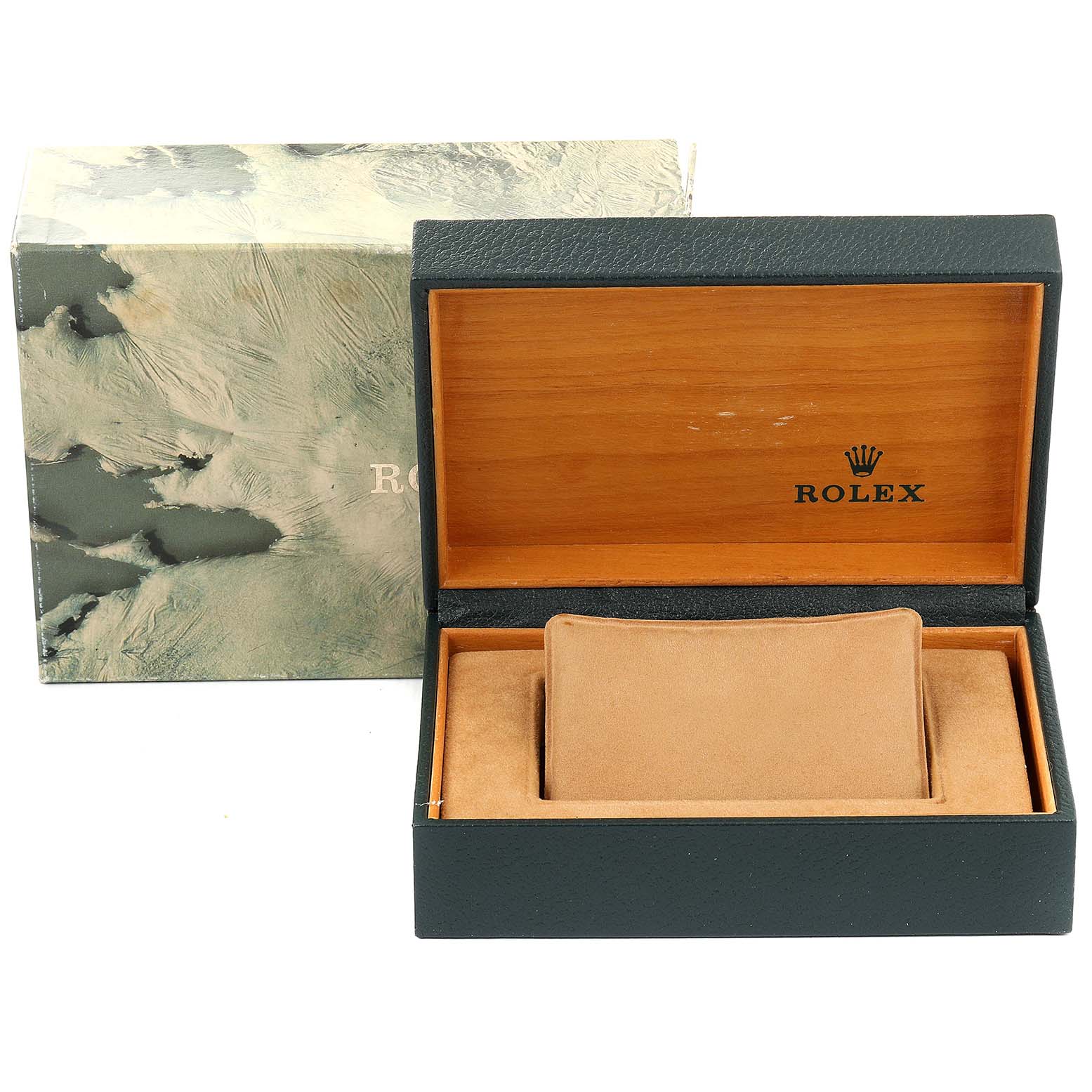This image shows an open Rolex watch box with the Datejust model packaging and cushion inside, viewed from the front.