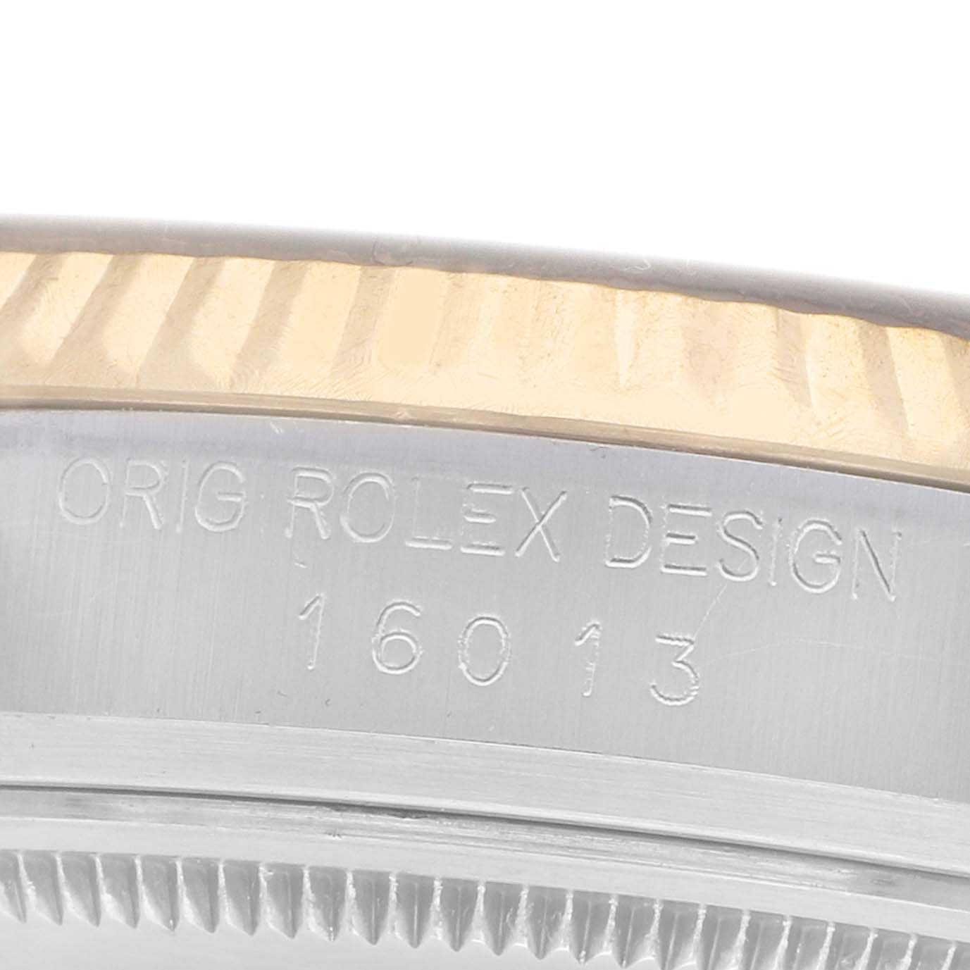 The image shows a close-up of the case side and bezel, highlighting the "Orig Rolex Design" and model number 16013 on the Vintage Collection by Rolex.