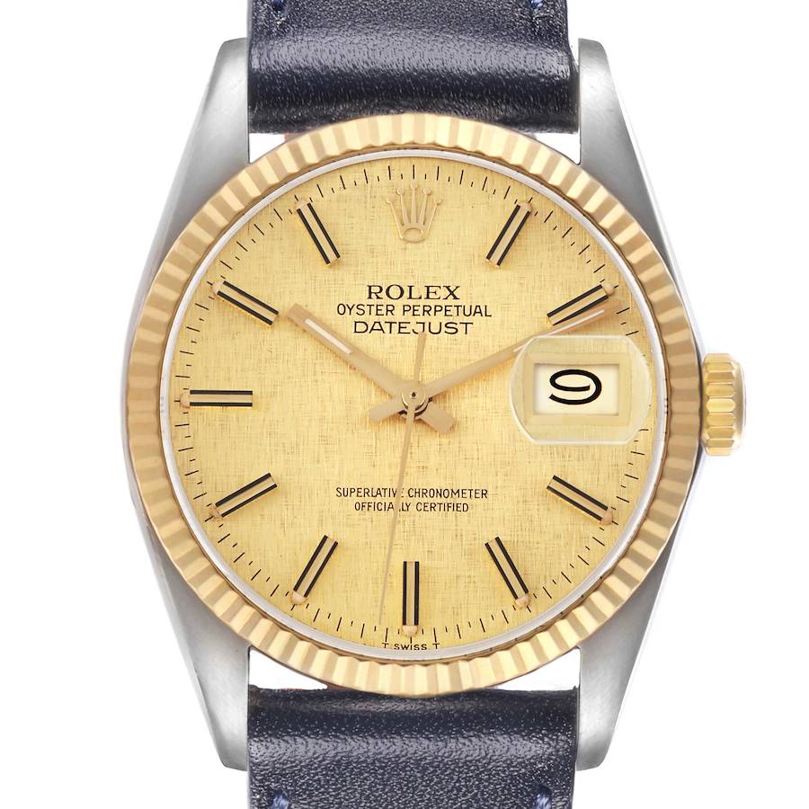 The watch is a Rolex Vintage Collection model 16013, shown from a top-down angle, featuring the dial, bezel, case, and strap.