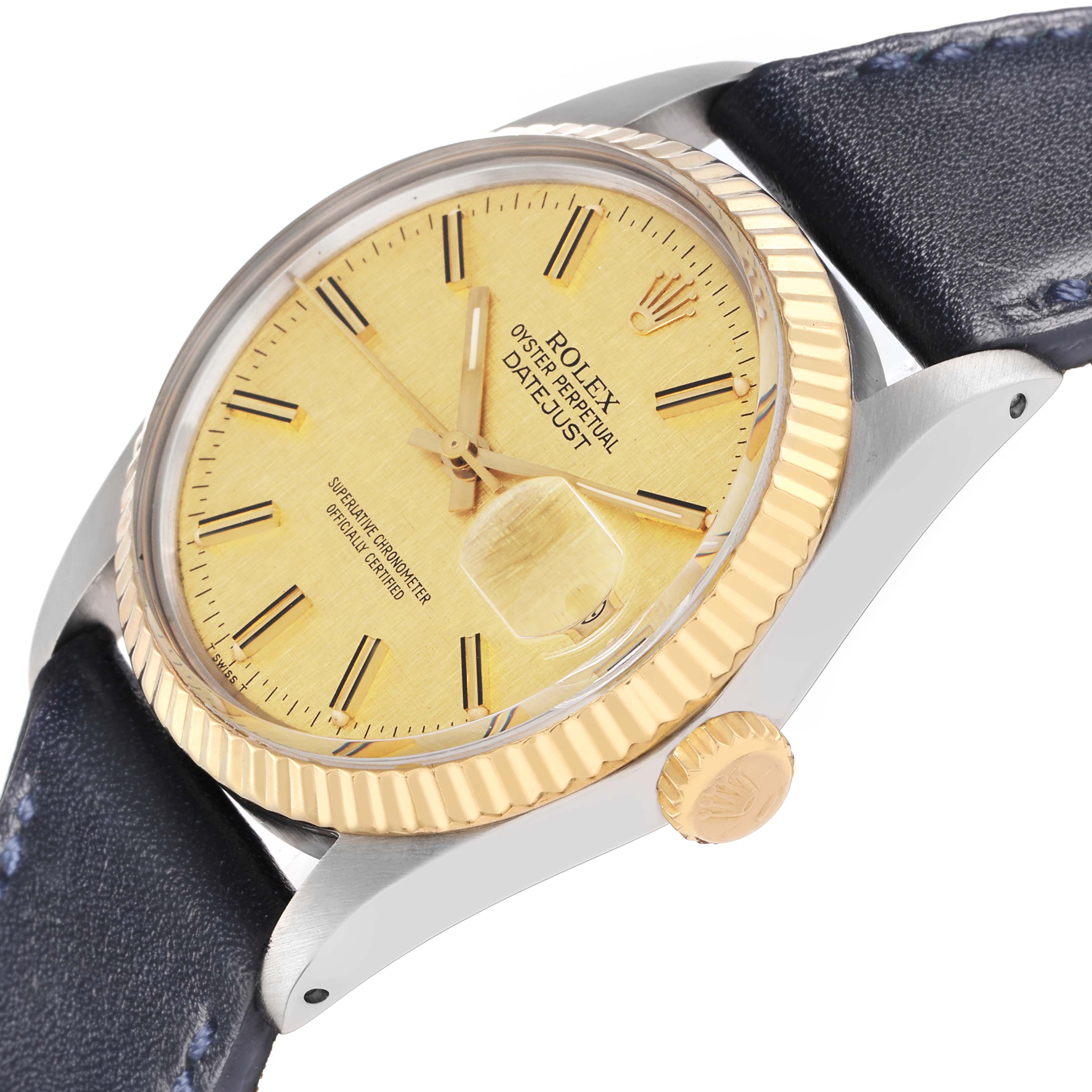 The Rolex Vintage Collection 16013 Men
s Steel and Gold (two tone) Champagne Dial model is shown at an angled close-up, displaying the gold-toned dial, fluted bezel, and side crown.
