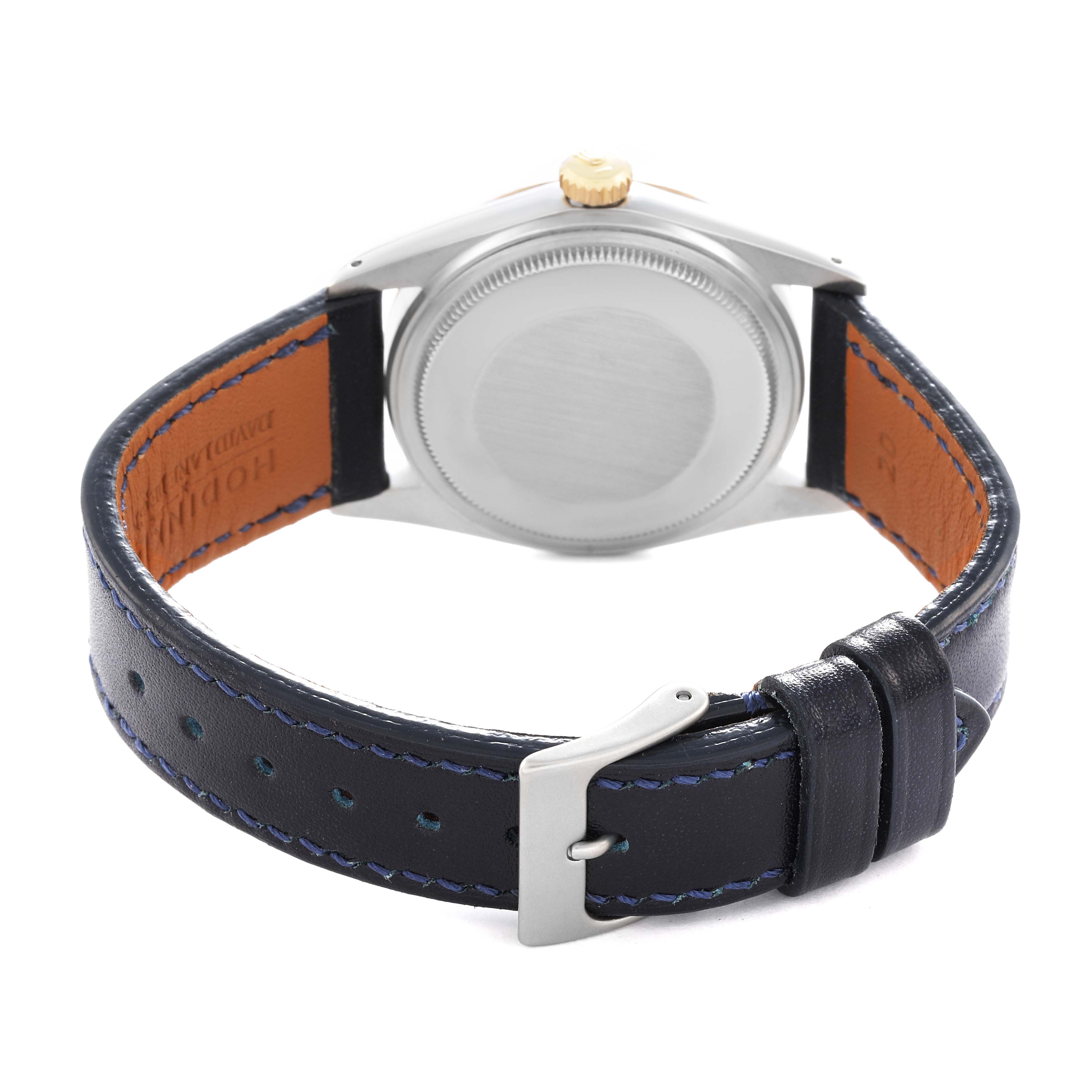 The image shows the case back and strap of the Rolex Vintage Collection 16013 Men
s Steel and Gold (two tone) Champagne Dial watch, viewed from behind.