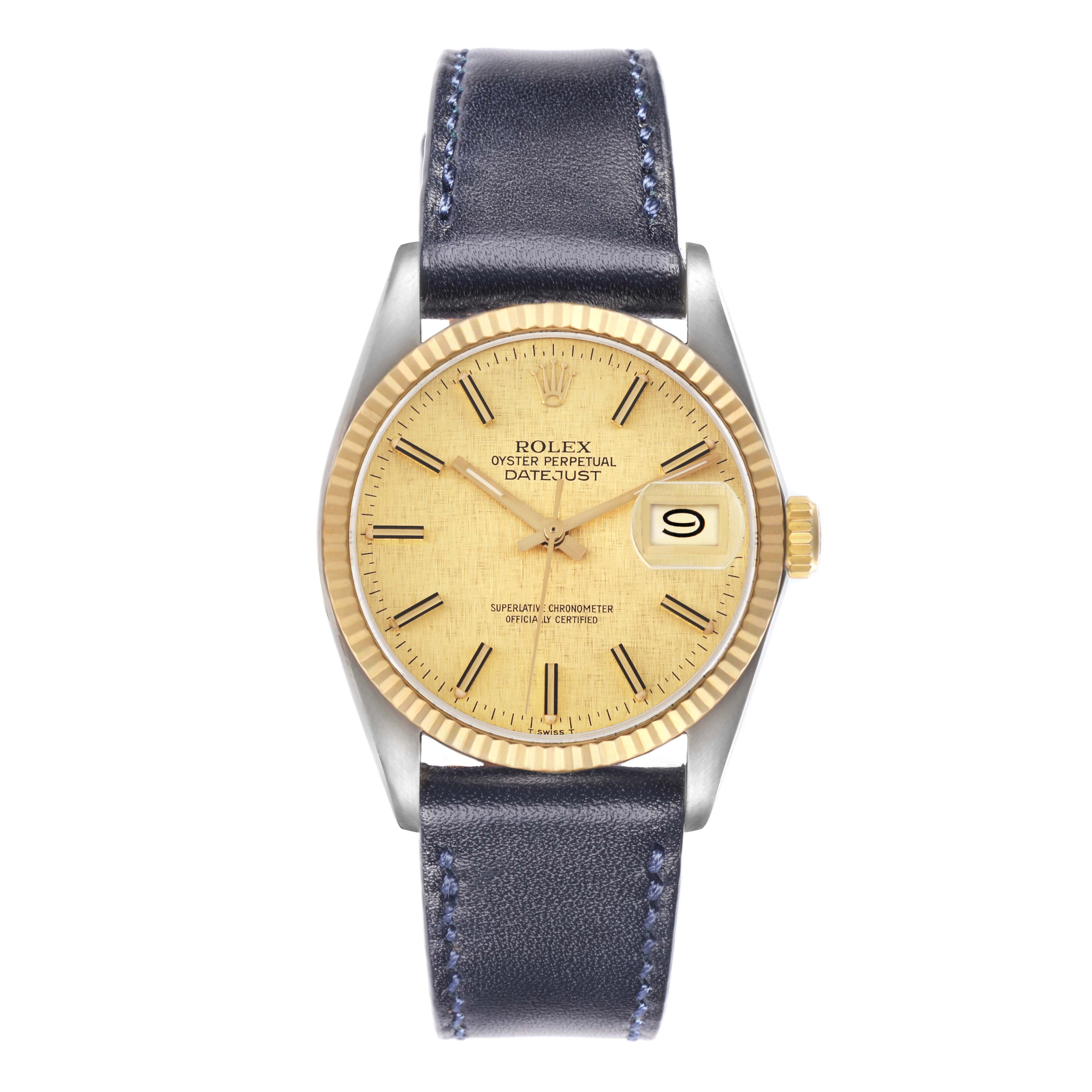 The Rolex Vintage Collection 16013 Men
s Steel and Gold (two tone) Champagne Dial model is shown from a front angle, highlighting the dial, bezel, crown, and leather strap.