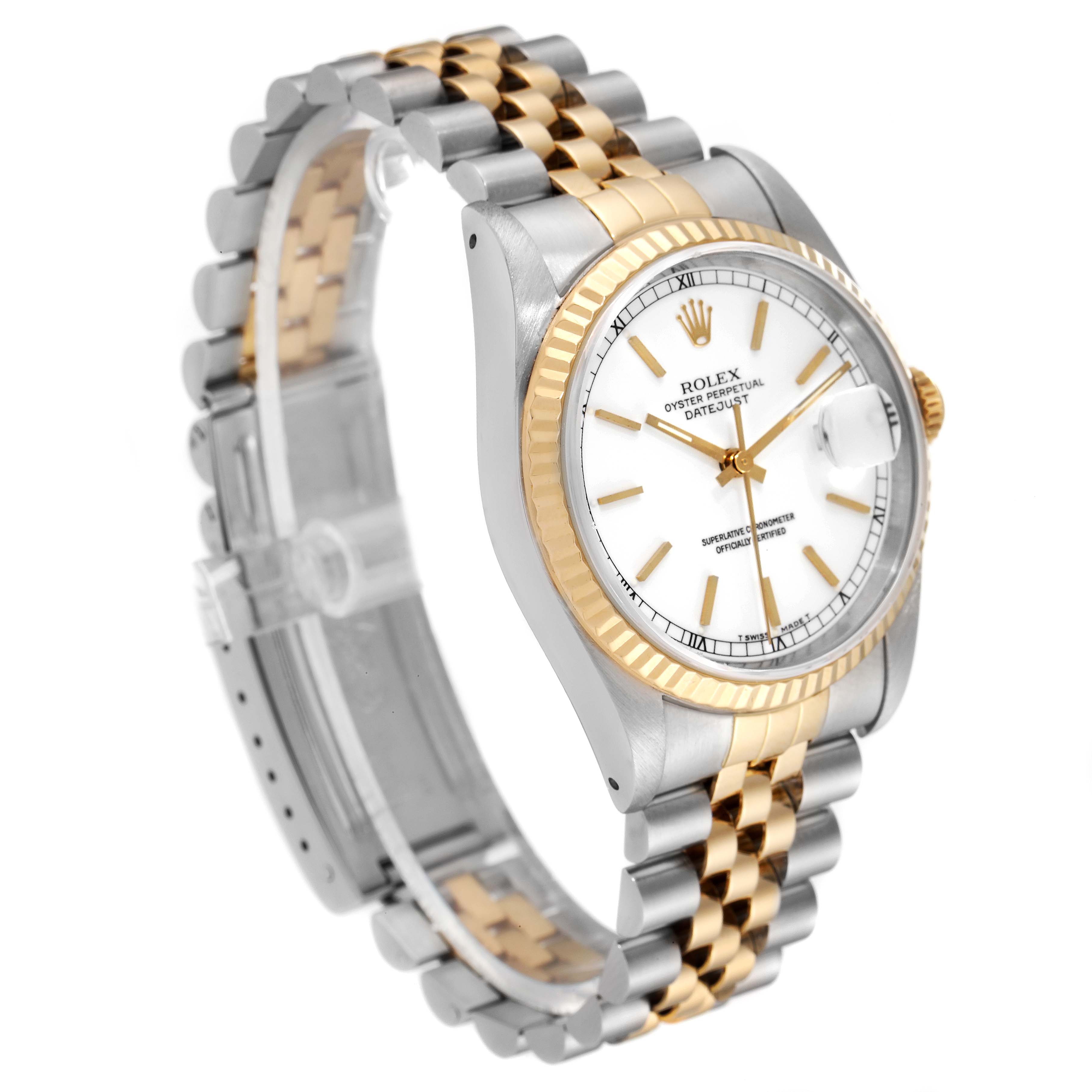 The image shows a Rolex Datejust 16233 Men's Steel and Gold (two tone) White Dial 16233 Men's Steel and Gold (two tone) White Dial watch at a slight angle, highlighting its dial, bezel, and two-tone bracelet.