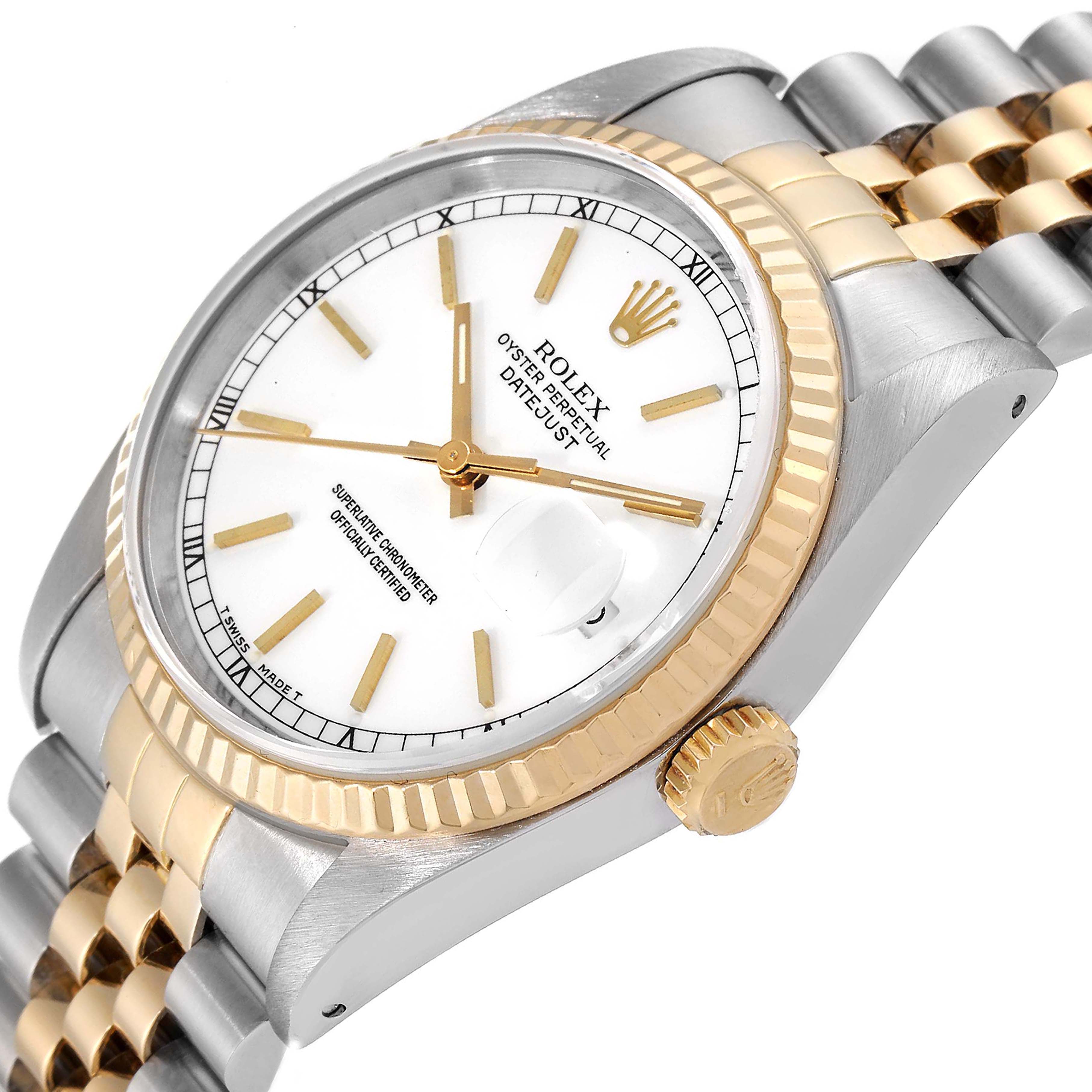 The image shows a close-up angle of a Rolex Datejust 16233 Men's Steel and Gold (two tone) White Dial 16233 Men's Steel and Gold (two tone) White Dial watch highlighting the face, bezel, and part of the bracelet.