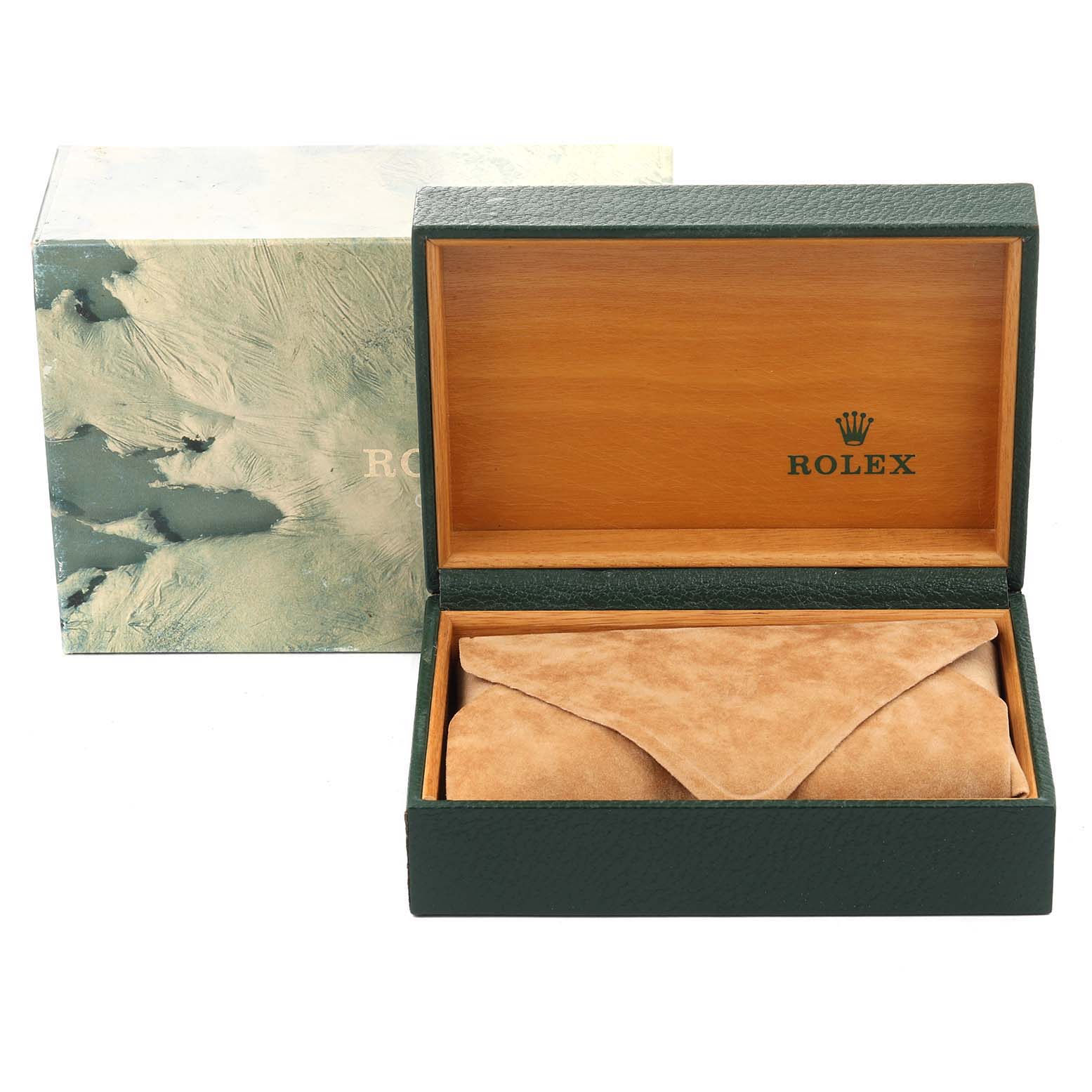 The image shows the open box and outer cover of a Rolex Datejust 16233 Men's Steel and Gold (two tone) White Dial 16233 Men's Steel and Gold (two tone) White Dial watch with a protective pouch inside the box.