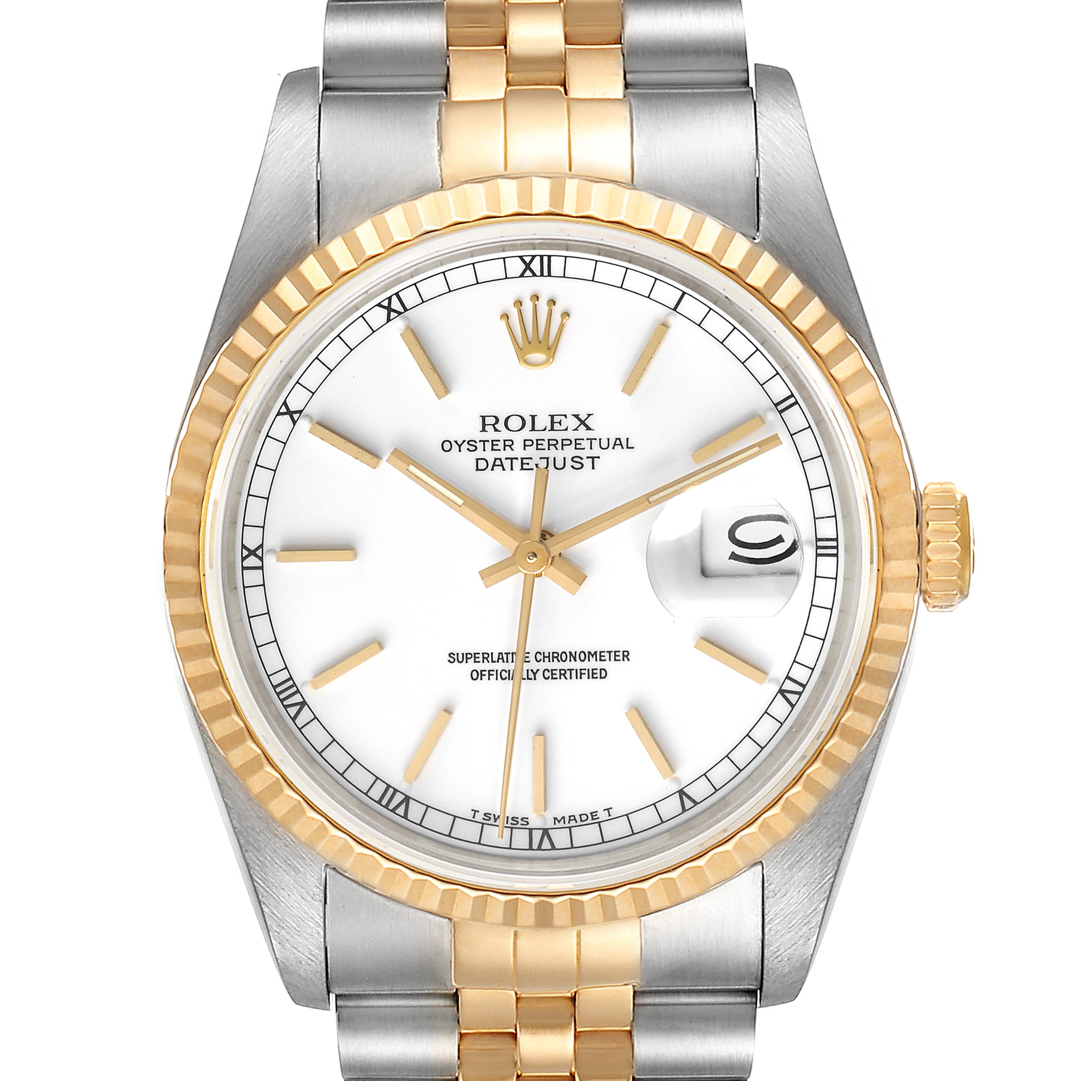 The image shows a Rolex Datejust 16233 Men's Steel and Gold (two tone) White Dial 16233 Men's Steel and Gold (two tone) White Dial watch with a white dial, gold fluted bezel, and two-tone bracelet from a top-down angle.
