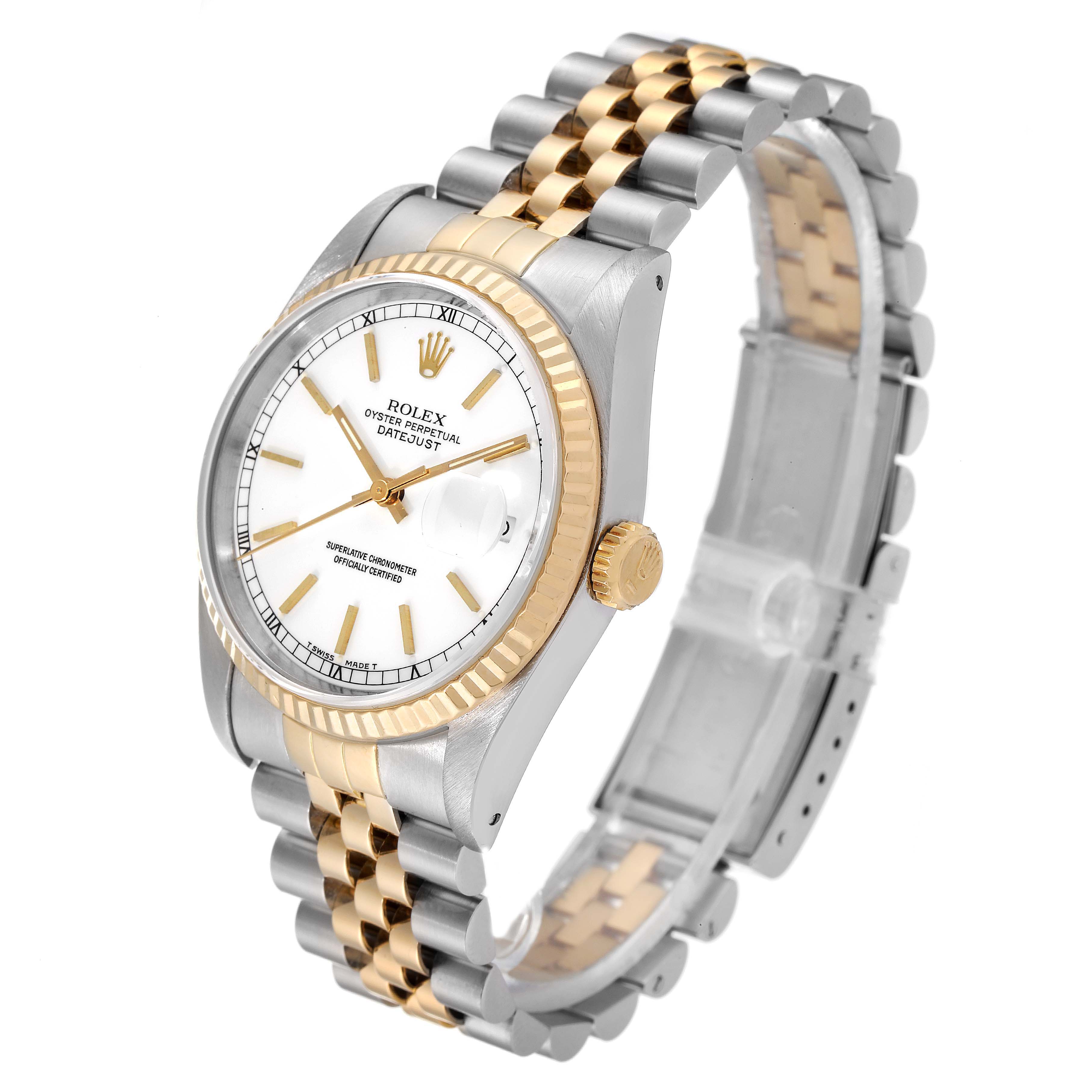 The Rolex Datejust 16233 Men's Steel and Gold (two tone) White Dial 16233 Men's Steel and Gold (two tone) White Dial watch is shown at a slight angle, highlighting the face, crown, and two-tone Jubilee bracelet.