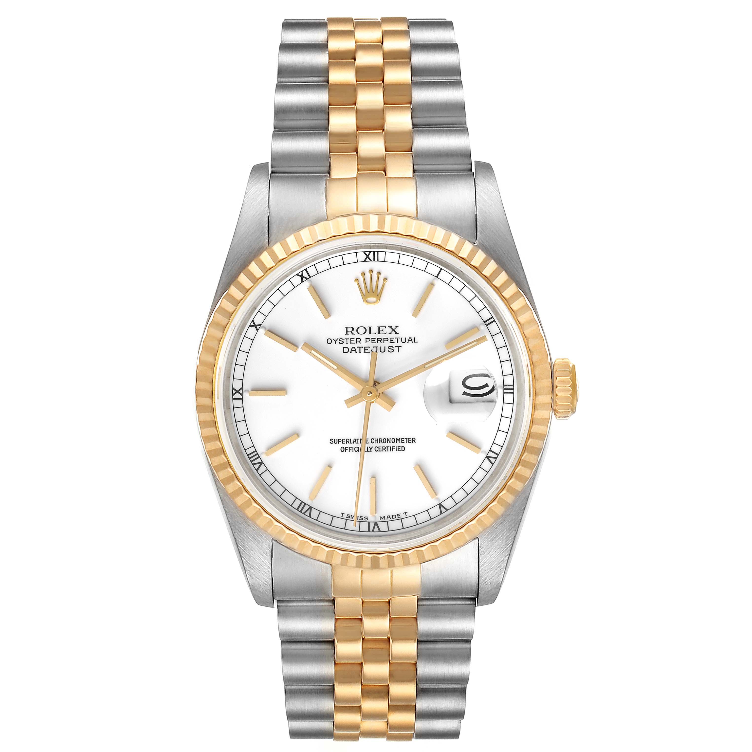 The image shows a Rolex Datejust 16233 Men's Steel and Gold (two tone) White Dial 16233 Men's Steel and Gold (two tone) White Dial watch from the front angle, highlighting the bezel, dial, and bracelet.