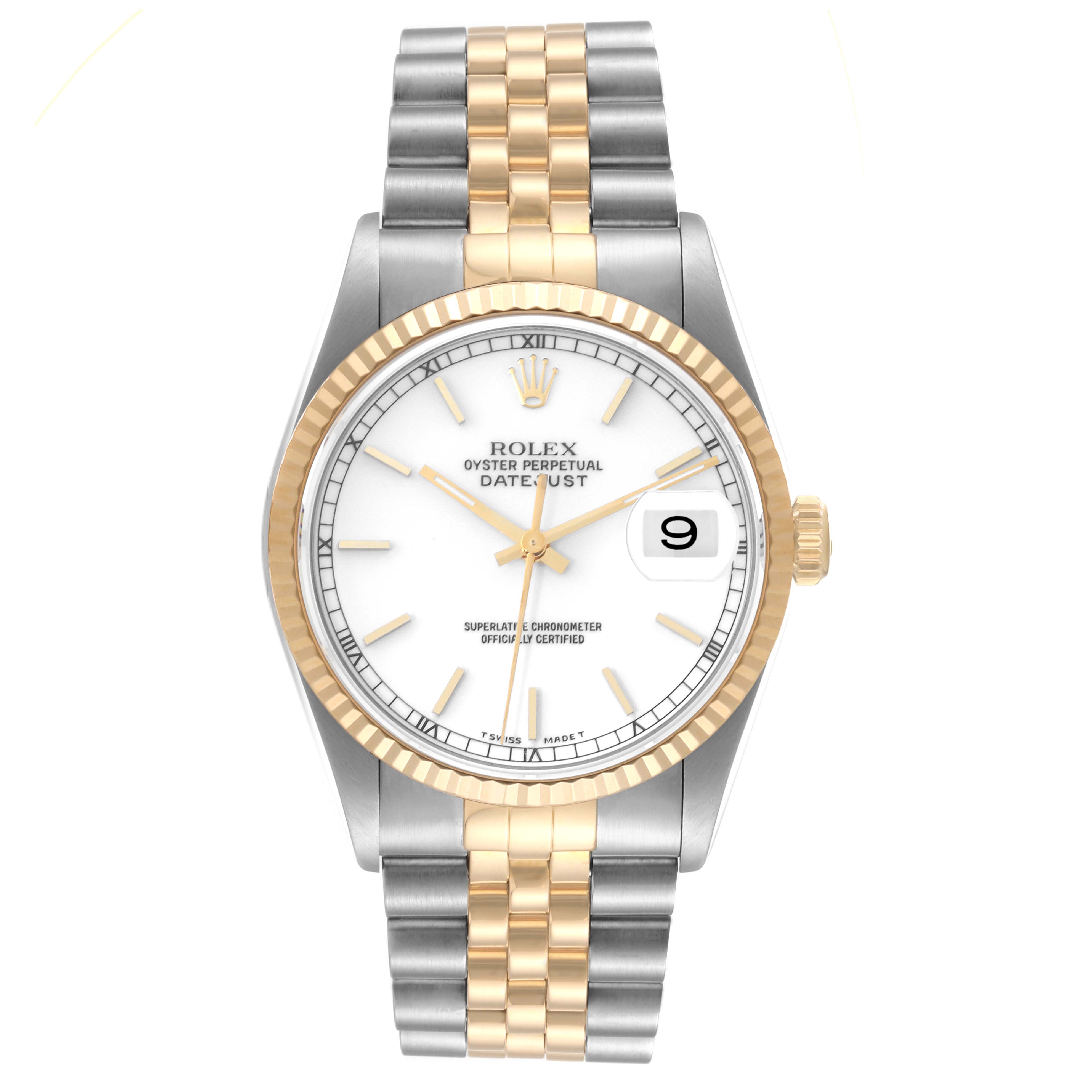 The image shows a Rolex Datejust 16233 Men's Steel and Gold (two tone) White Dial 16233 Men's Steel and Gold (two tone) White Dial watch front view, displaying the dial, bezel, crown, and two-tone bracelet.