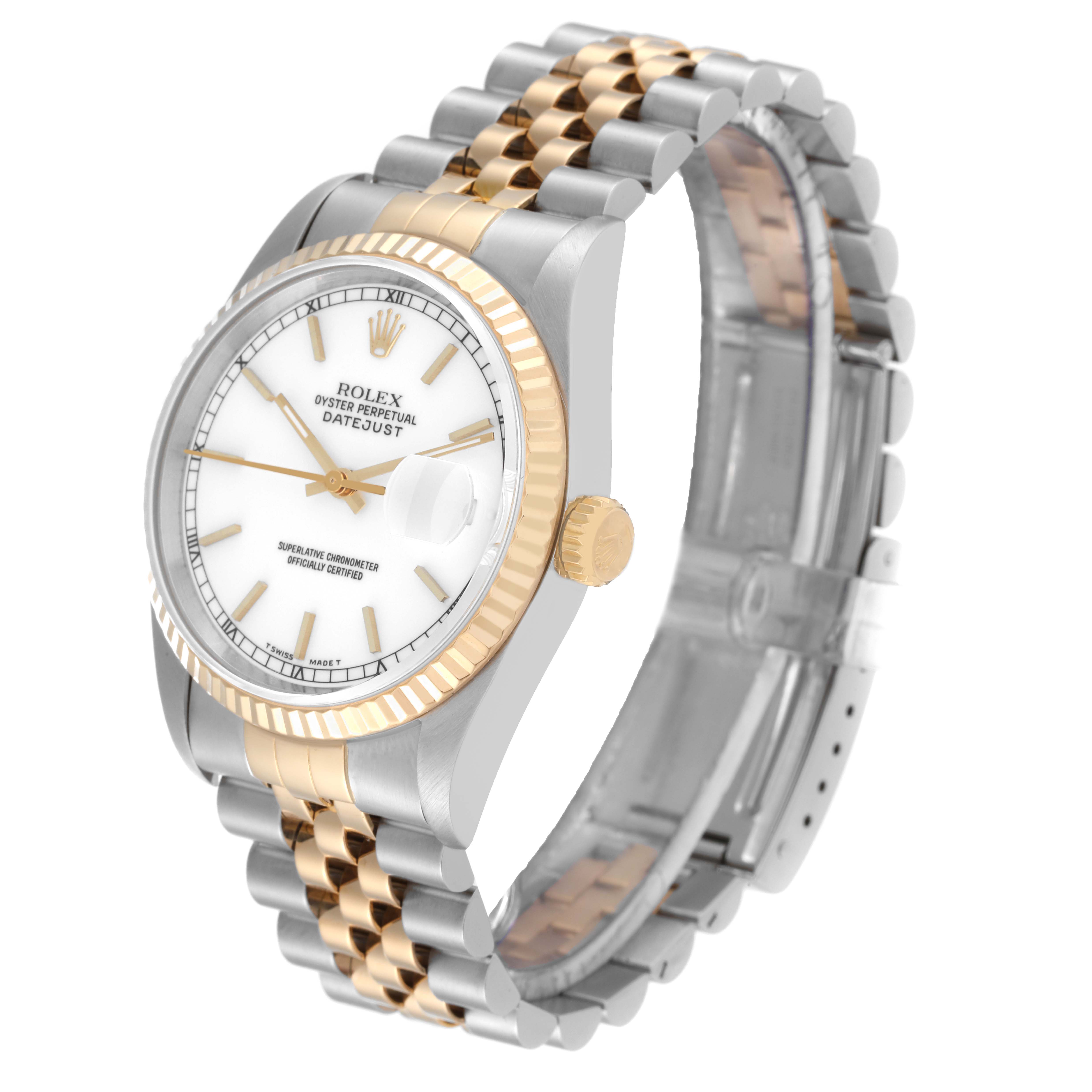 The Rolex Datejust 16233 Men's Steel and Gold (two tone) White Dial 16233 Men's Steel and Gold (two tone) White Dial watch is shown at an angled view, highlighting the face, bezel, crown, and two-tone bracelet.