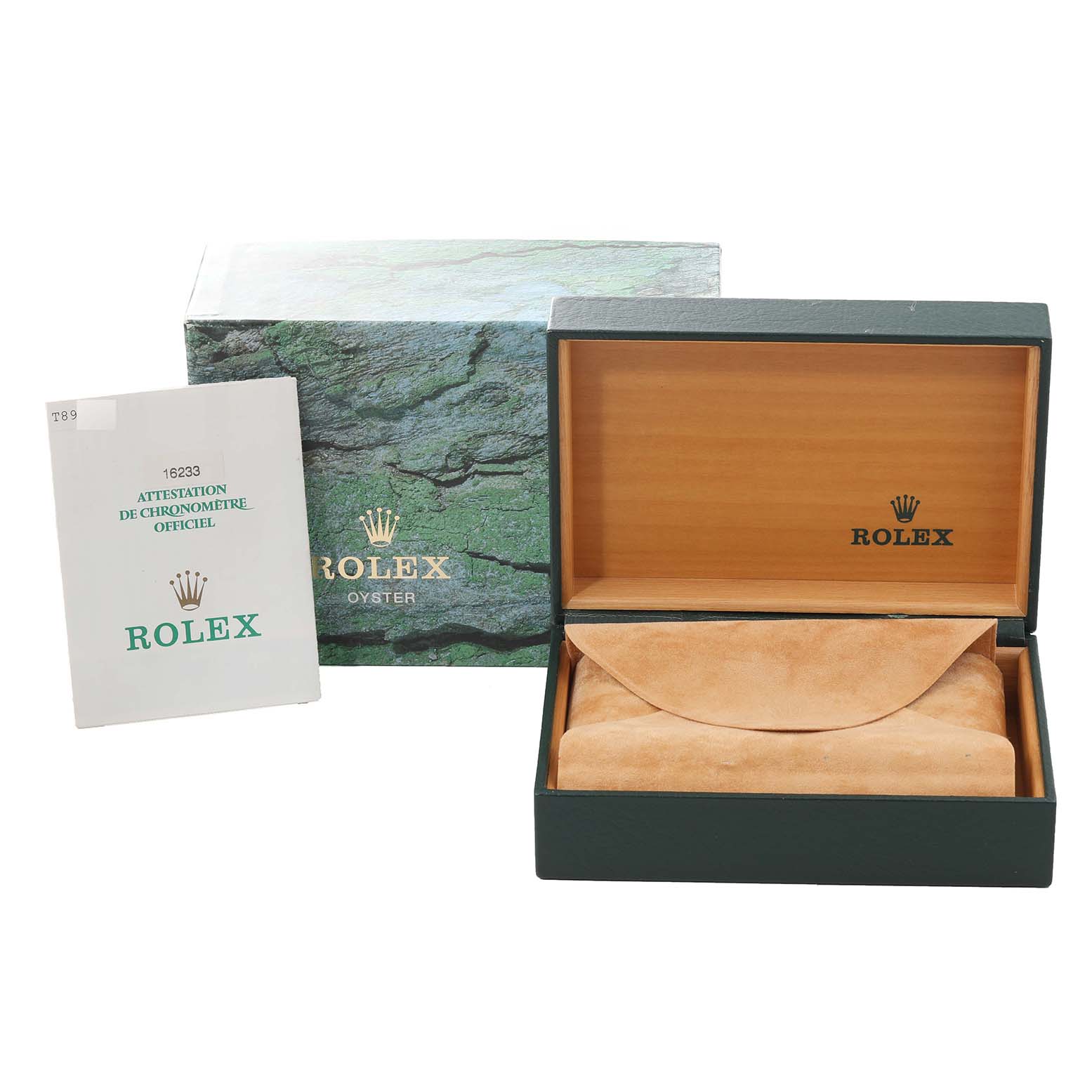 The image shows the box, cushion, and official certification booklet for a Rolex Datejust 16233 Men's Steel and Gold (two tone) White Dial 16233 Men's Steel and Gold (two tone) White Dial watch.