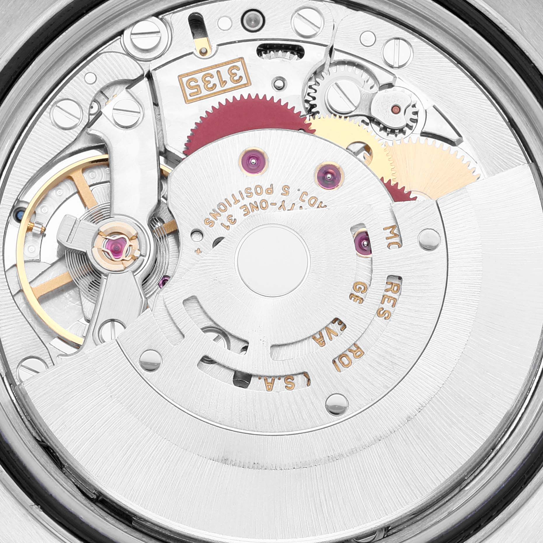 The image shows the intricate internal mechanical movement of a Rolex Datejust 16233 Men's Steel and Gold (two tone) White Dial 16233 Men's Steel and Gold (two tone) White Dial watch, featuring various gears and components.