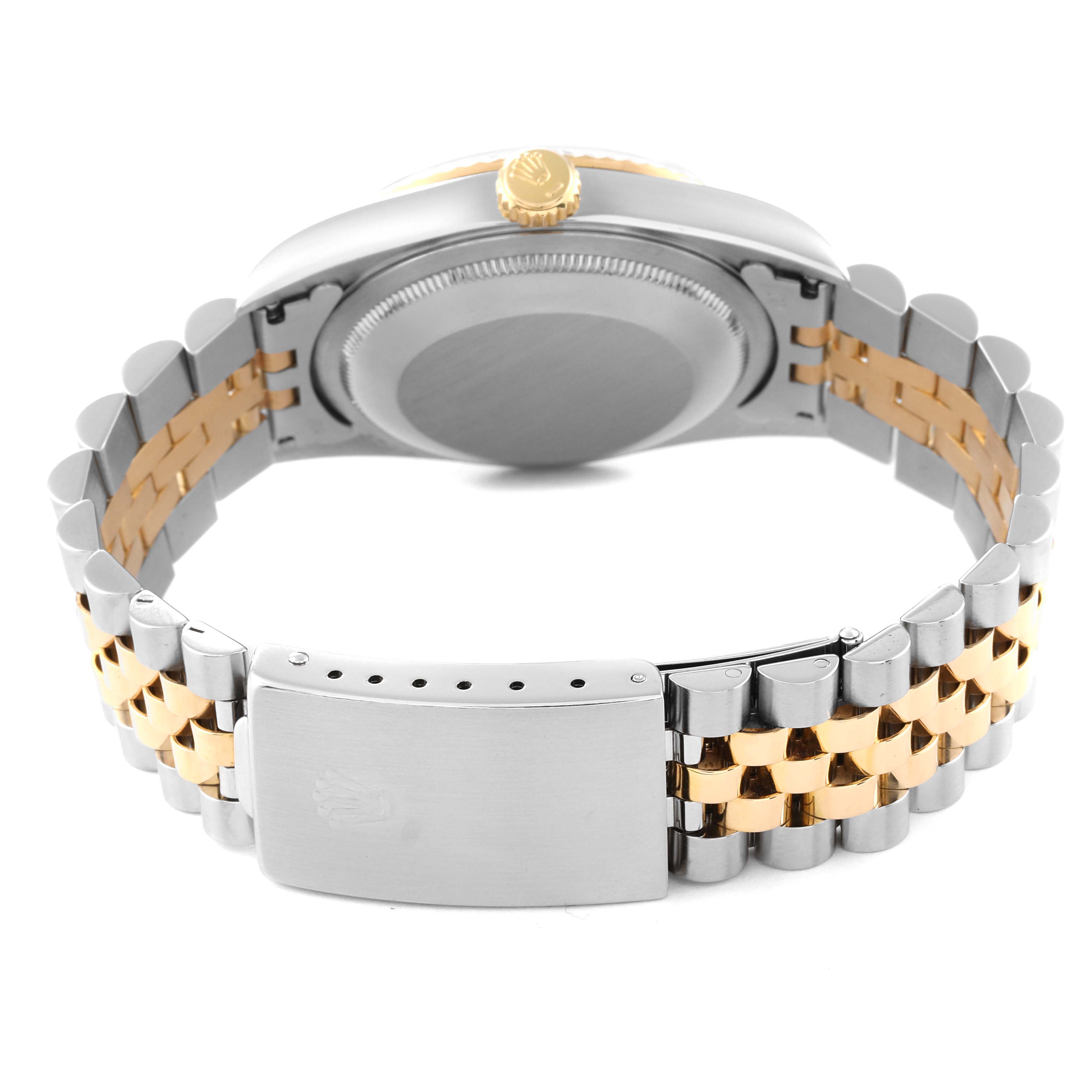 The image shows the back and clasp of a Rolex Datejust 16233 Men's Steel and Gold (two tone) White Dial 16233 Men's Steel and Gold (two tone) White Dial model, highlighting the bracelet and case back.