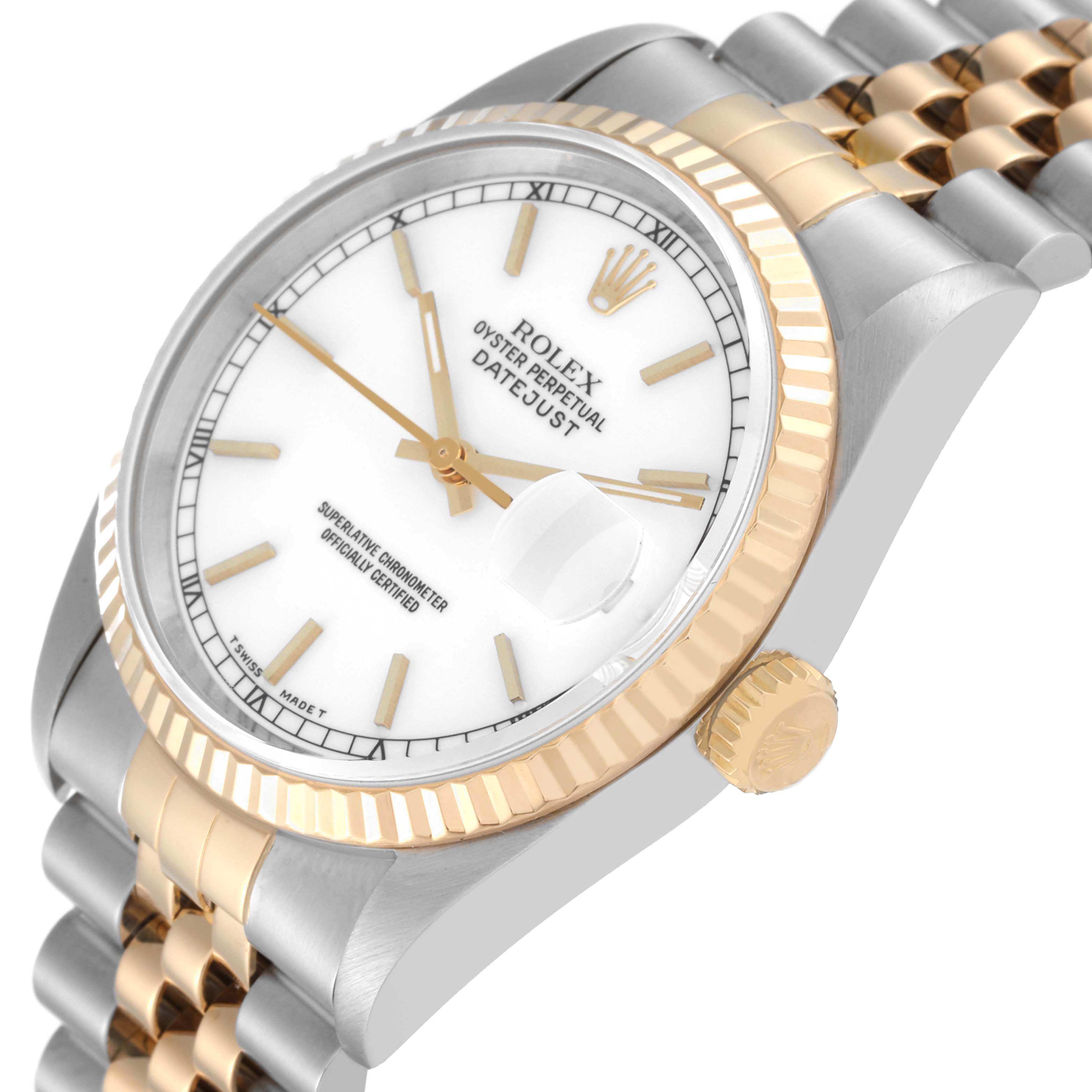The Rolex Datejust 16233 Men's Steel and Gold (two tone) White Dial 16233 Men's Steel and Gold (two tone) White Dial watch is shown at a slight angle, highlighting its two-tone bezel, crown, and part of the bracelet.