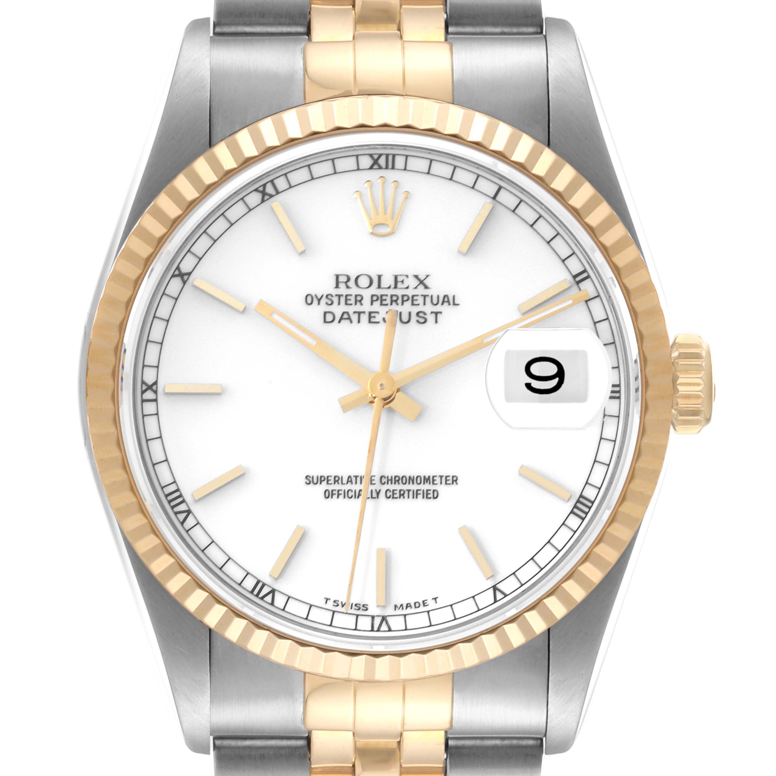 The image shows a frontal view of a Rolex Datejust 16233 Men's Steel and Gold (two tone) White Dial 16233 Men's Steel and Gold (two tone) White Dial watch, highlighting its dial, bezel, and part of the bracelet.