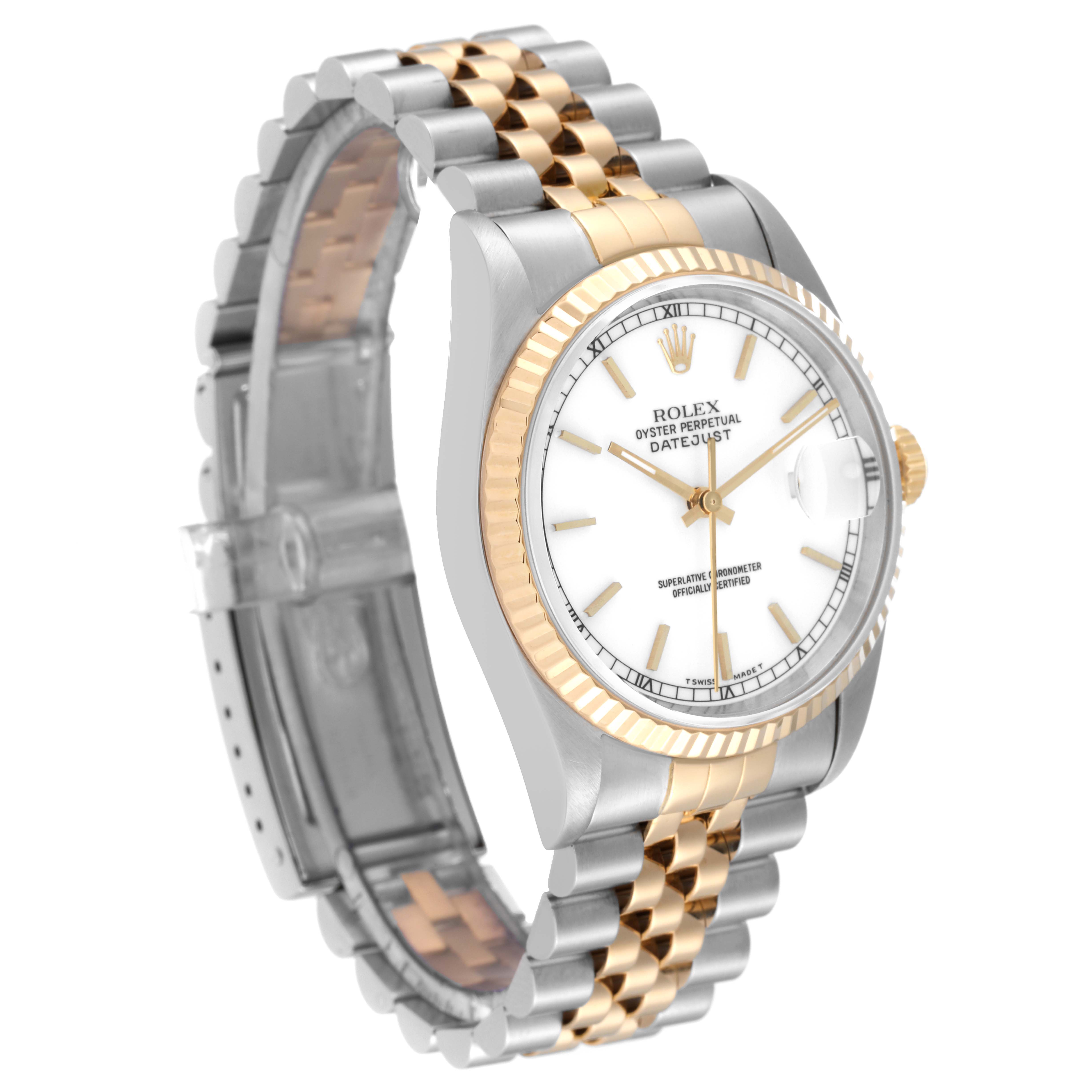 The image shows a Rolex Datejust 16233 Men's Steel and Gold (two tone) White Dial 16233 Men's Steel and Gold (two tone) White Dial watch at a three-quarter angle, highlighting its two-tone bracelet, fluted bezel, and white dial.