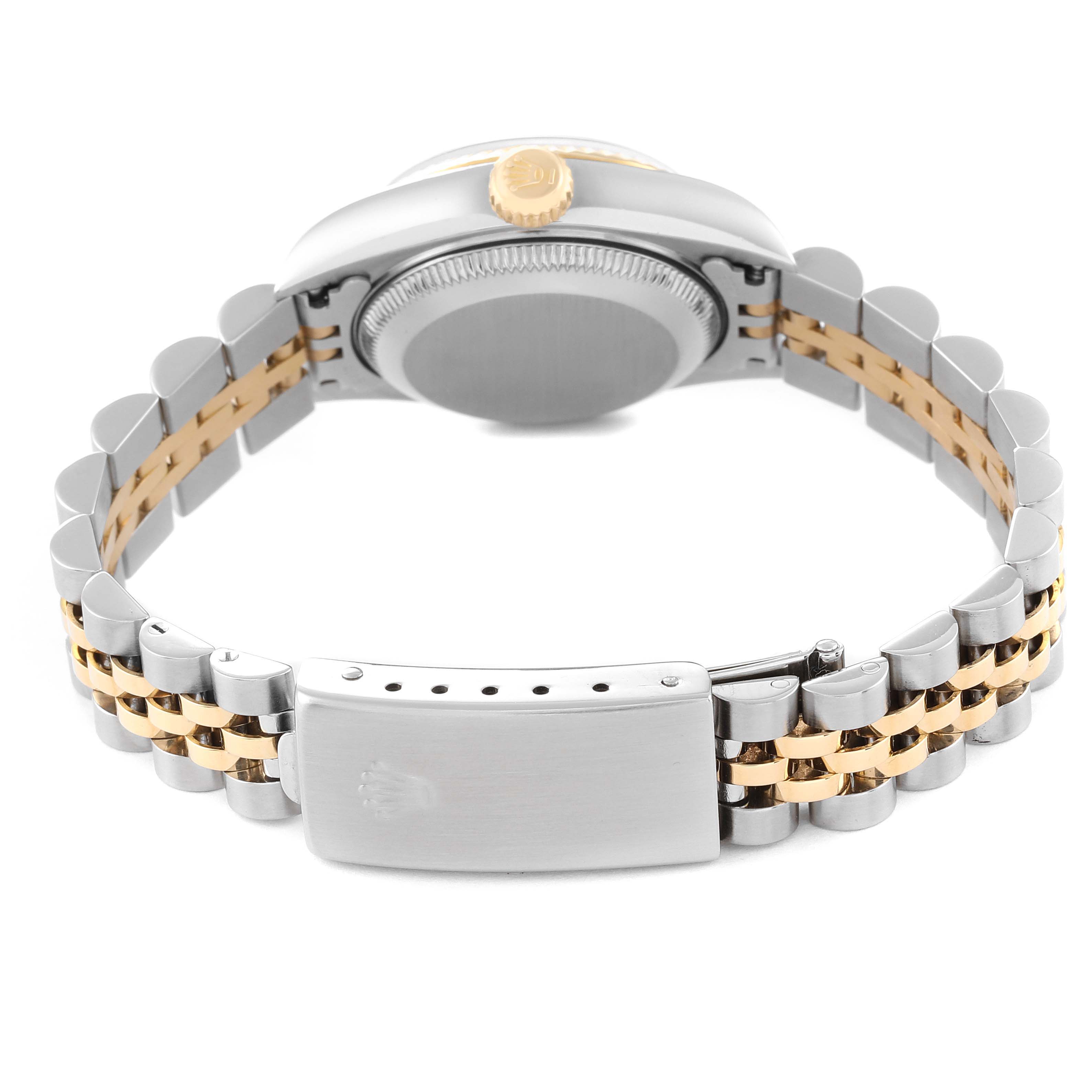 The image shows the back side and band of a Rolex Datejust 79173 Women's Steel and Gold (two tone) White Dial 79173 Women's Steel and Gold (two tone) White Dial watch, featuring a two-tone metal bracelet and clasp.