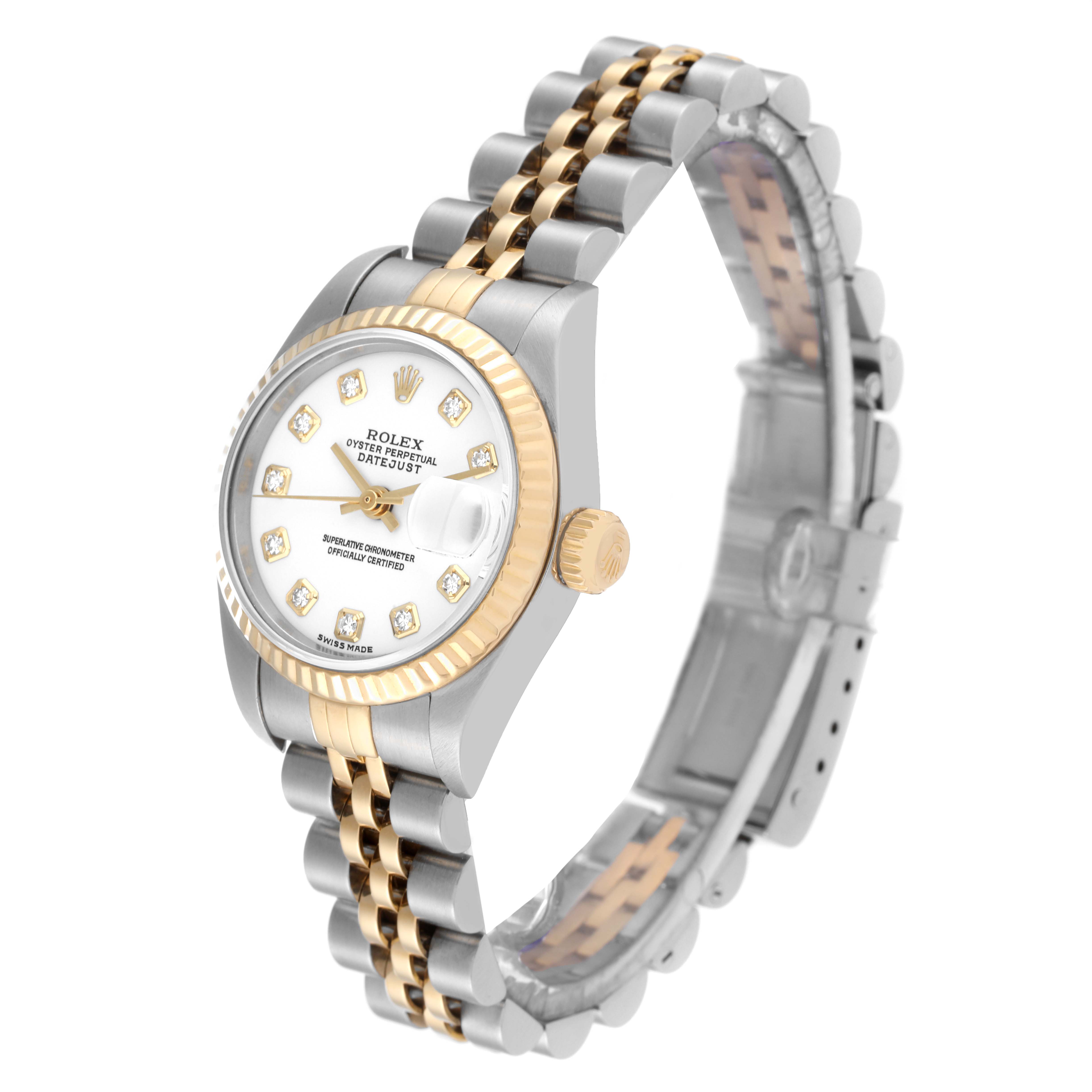 The Rolex Datejust 79173 Women's Steel and Gold (two tone) White Dial 79173 Women's Steel and Gold (two tone) White Dial watch is shown at a three-quarter angle highlighting the face, bezel, crown, and two-tone bracelet.