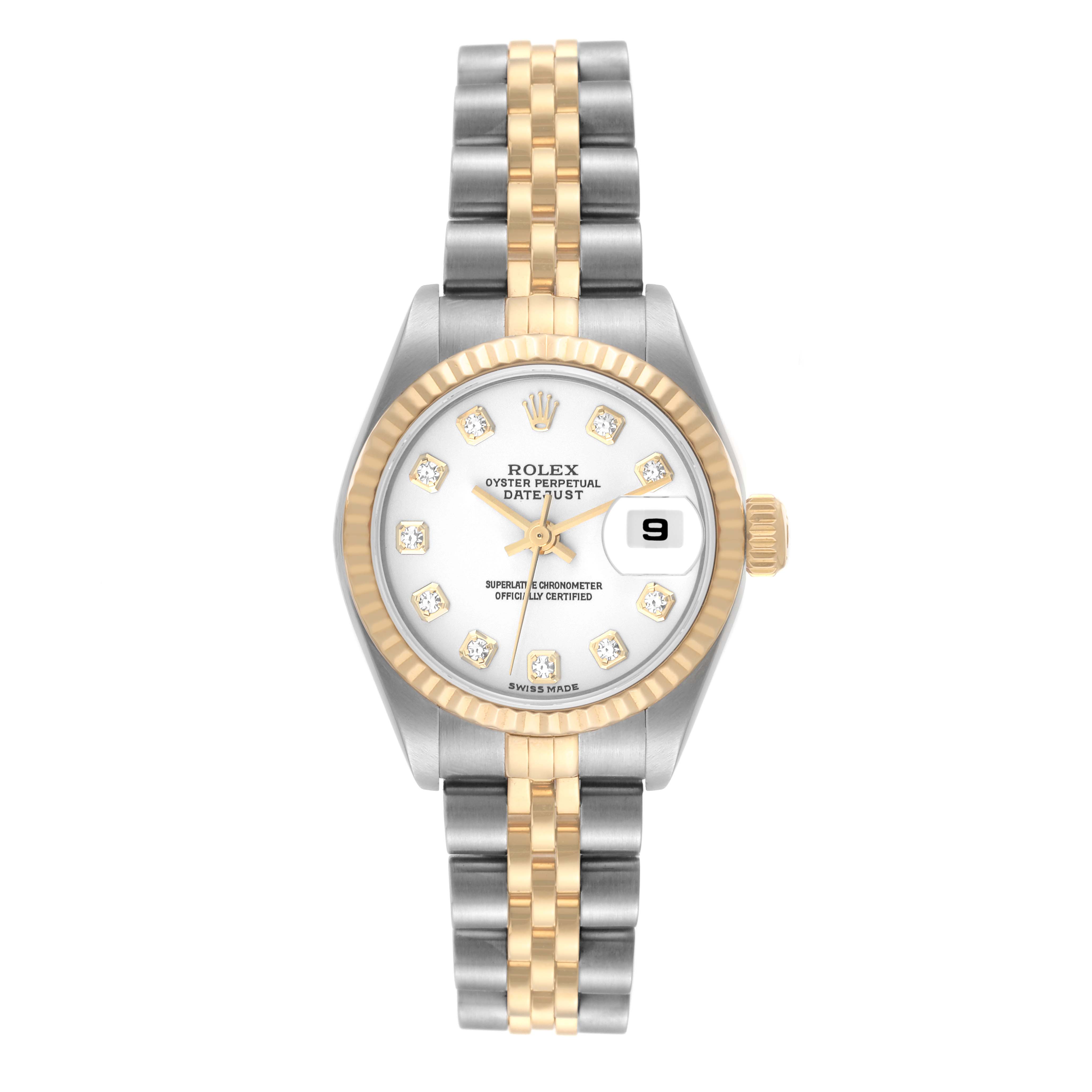 This Rolex Datejust 79173 Women's Steel and Gold (two tone) White Dial 79173 Women's Steel and Gold (two tone) White Dial watch is shown from a top-down angle, highlighting the face, bezel, crown, and bracelet.