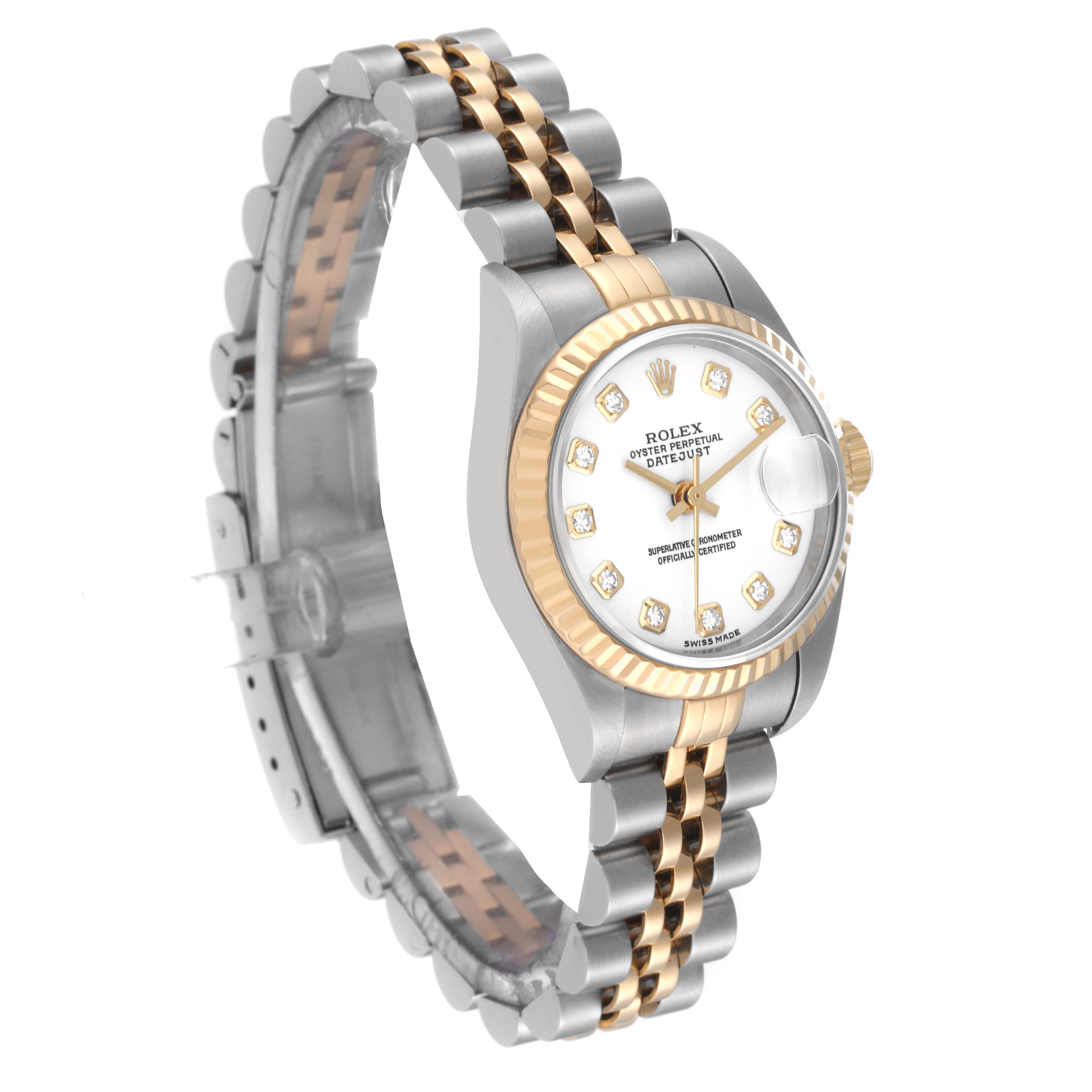 The image shows a Rolex Datejust 79173 Women's Steel and Gold (two tone) White Dial 79173 Women's Steel and Gold (two tone) White Dial watch at a slight side angle, highlighting the dial, case, and bracelet.