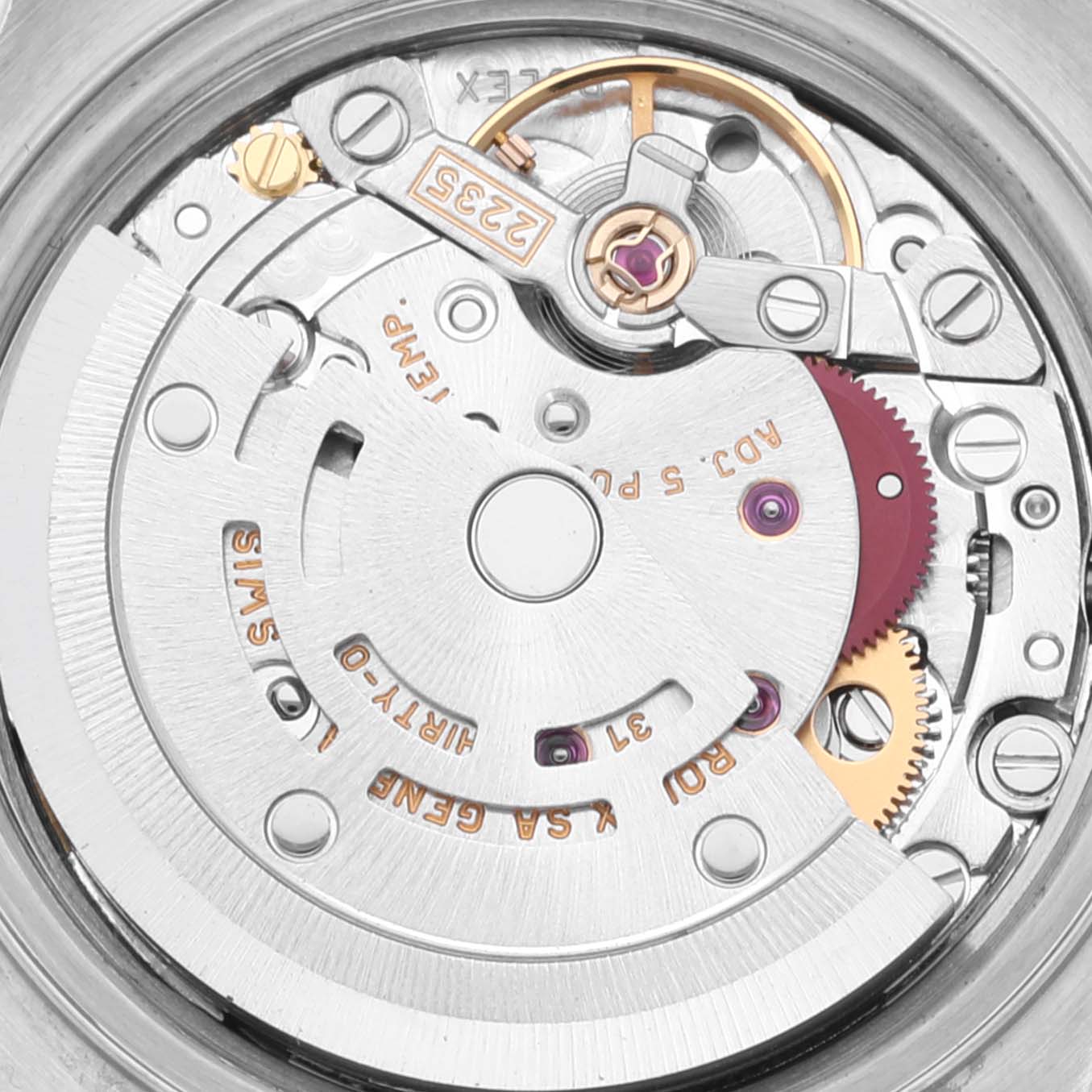 The image shows the intricate internal mechanism of the Rolex Datejust 79173 Women's Steel and Gold (two tone) White Dial 79173 Women's Steel and Gold (two tone) White Dial watch, viewed from the back.