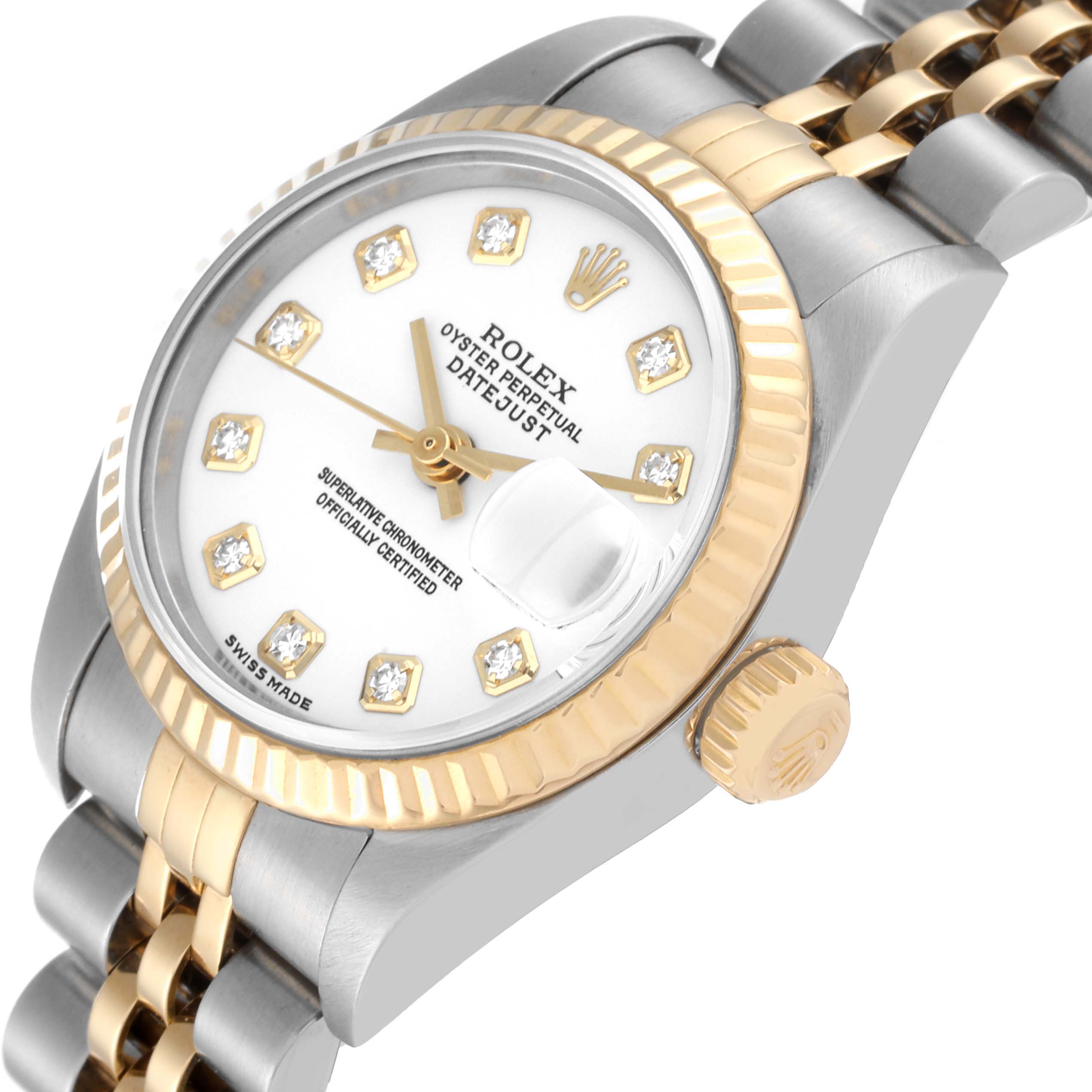 This image shows a close-up view of a Rolex Datejust 79173 Women's Steel and Gold (two tone) White Dial 79173 Women's Steel and Gold (two tone) White Dial watch, highlighting the dial, bezel, crown, and part of the bracelet.
