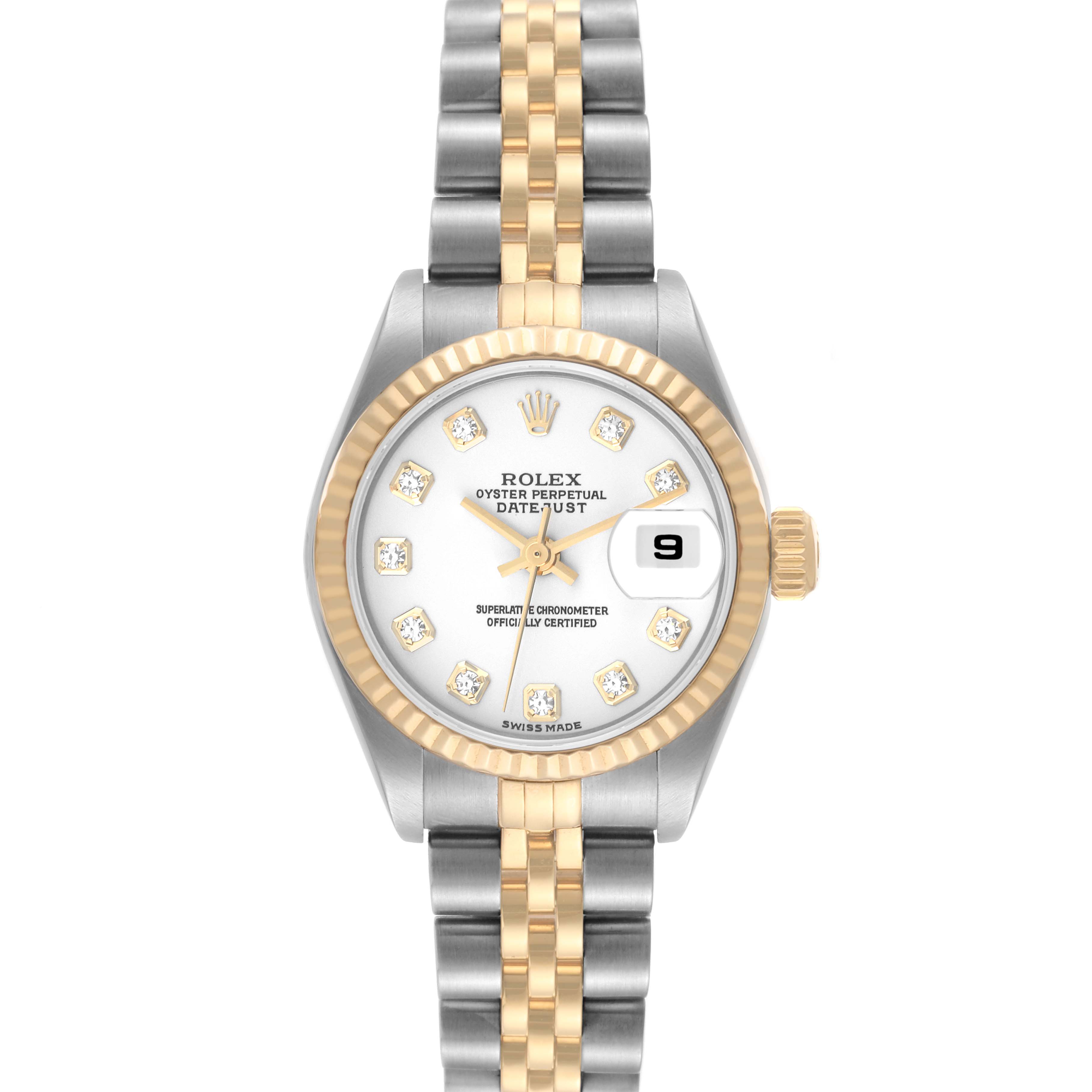 The image shows a front view of the Rolex Datejust 79173 Women's Steel and Gold (two tone) White Dial 79173 Women's Steel and Gold (two tone) White Dial watch, displaying the dial, bracelet, bezel, and date window.