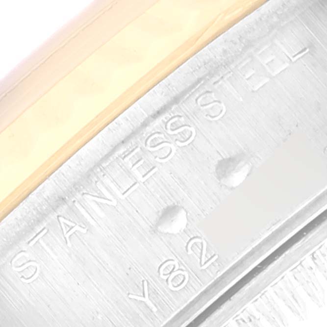 The image shows a close-up of the stainless steel back case of a Rolex Datejust 79173 Women's Steel and Gold (two tone) White Dial 79173 Women's Steel and Gold (two tone) White Dial watch.