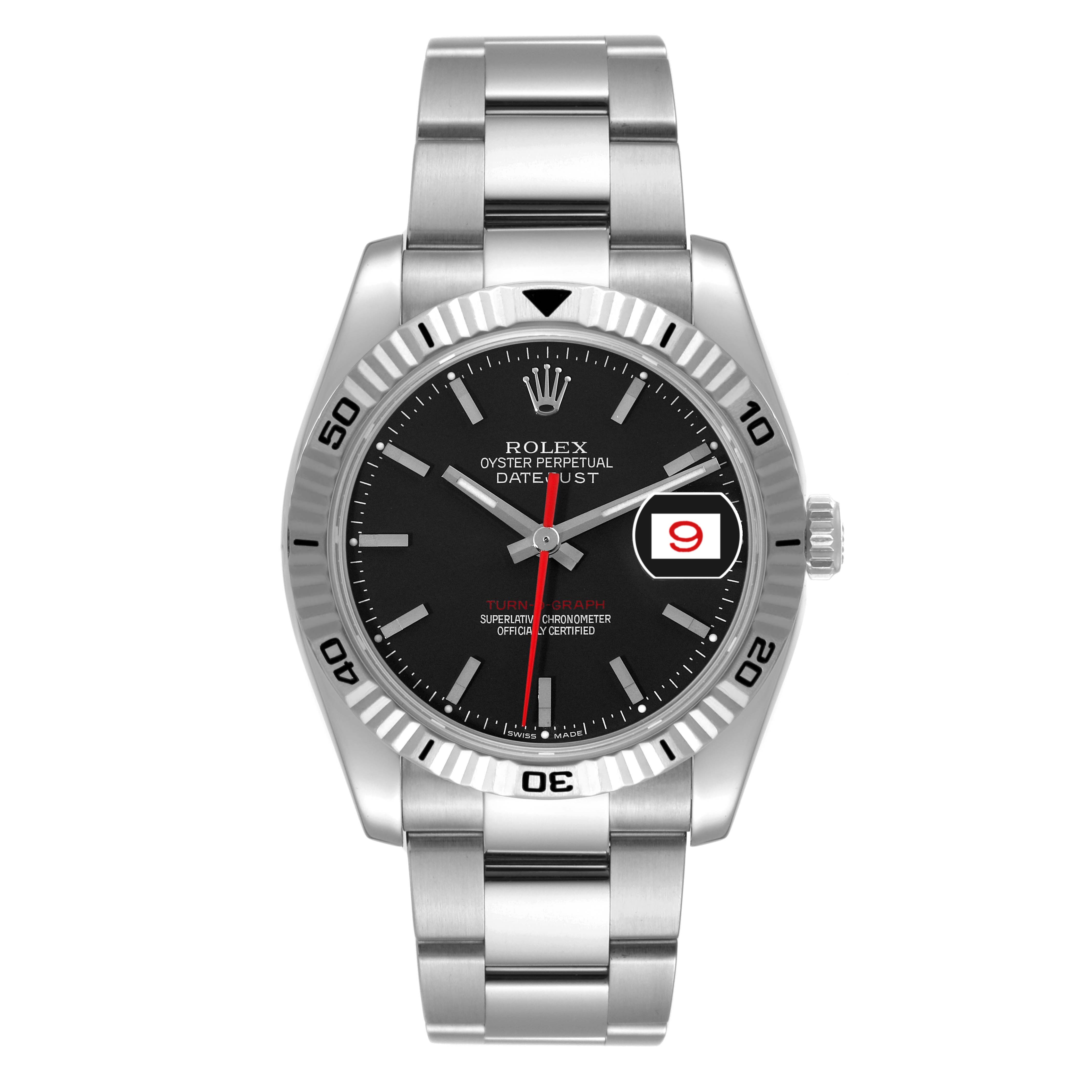 This image shows a front view of the Rolex Turn-o-Graph 116264 Men
s Stainless Steel Black Dial 116264 Men
s Stainless Steel Black Dial watch, highlighting its face, bezel, and bracelet.