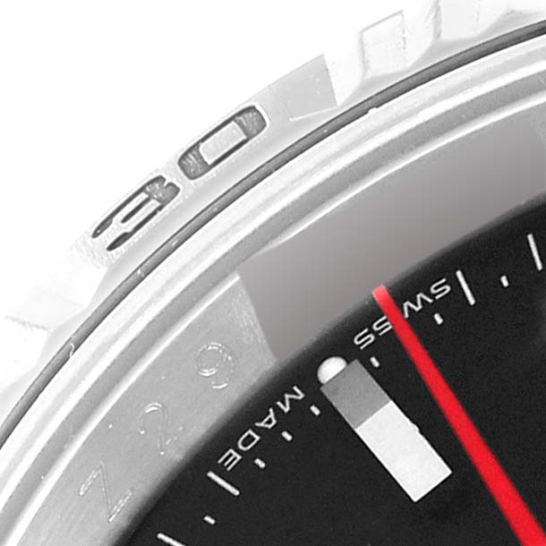 The image shows a close-up of the bezel and a portion of the dial of a Rolex Turn-o-Graph 116264 Men
s Stainless Steel Black Dial 116264 Men
s Stainless Steel Black Dial watch, highlighting the “30” marking.