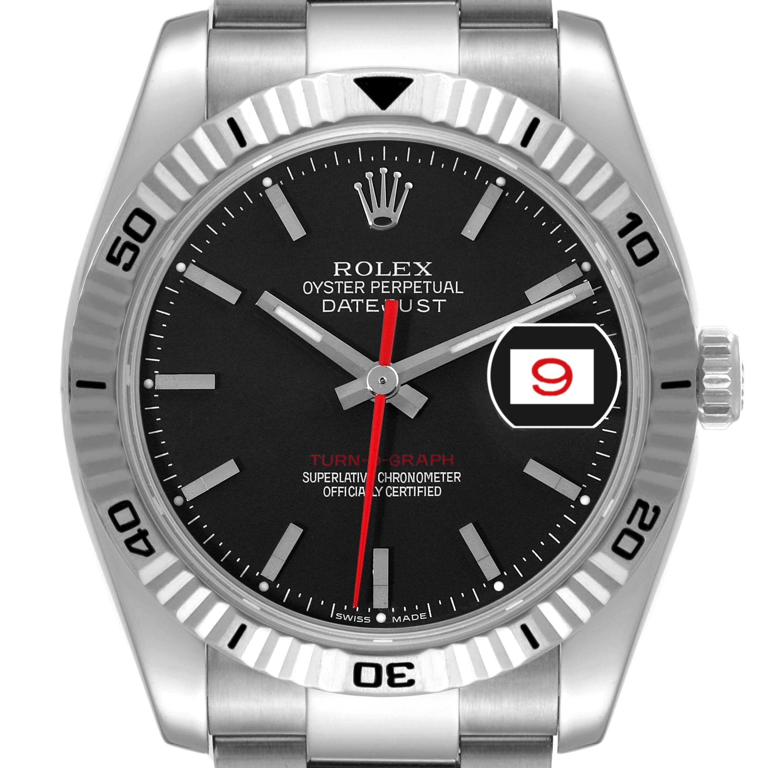 The image shows a Rolex Turn-o-Graph 116264 Men
s Stainless Steel Black Dial 116264 Men
s Stainless Steel Black Dial watch, displaying the face, bezel, date window, and part of the bracelet, viewed from the front.