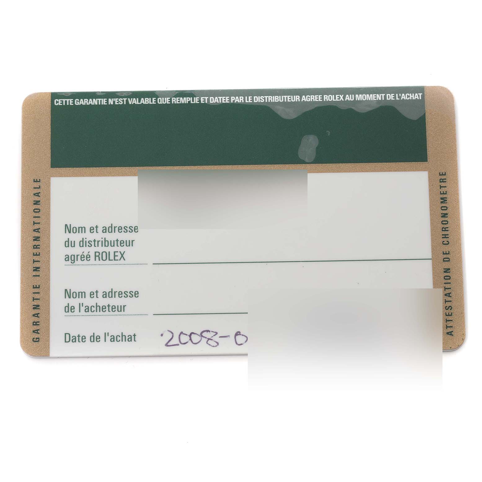 This is a warranty card for the Rolex Turn-o-Graph 116264 Men
s Stainless Steel Black Dial 116264 Men
s Stainless Steel Black Dial model, shown from a top-down angle.