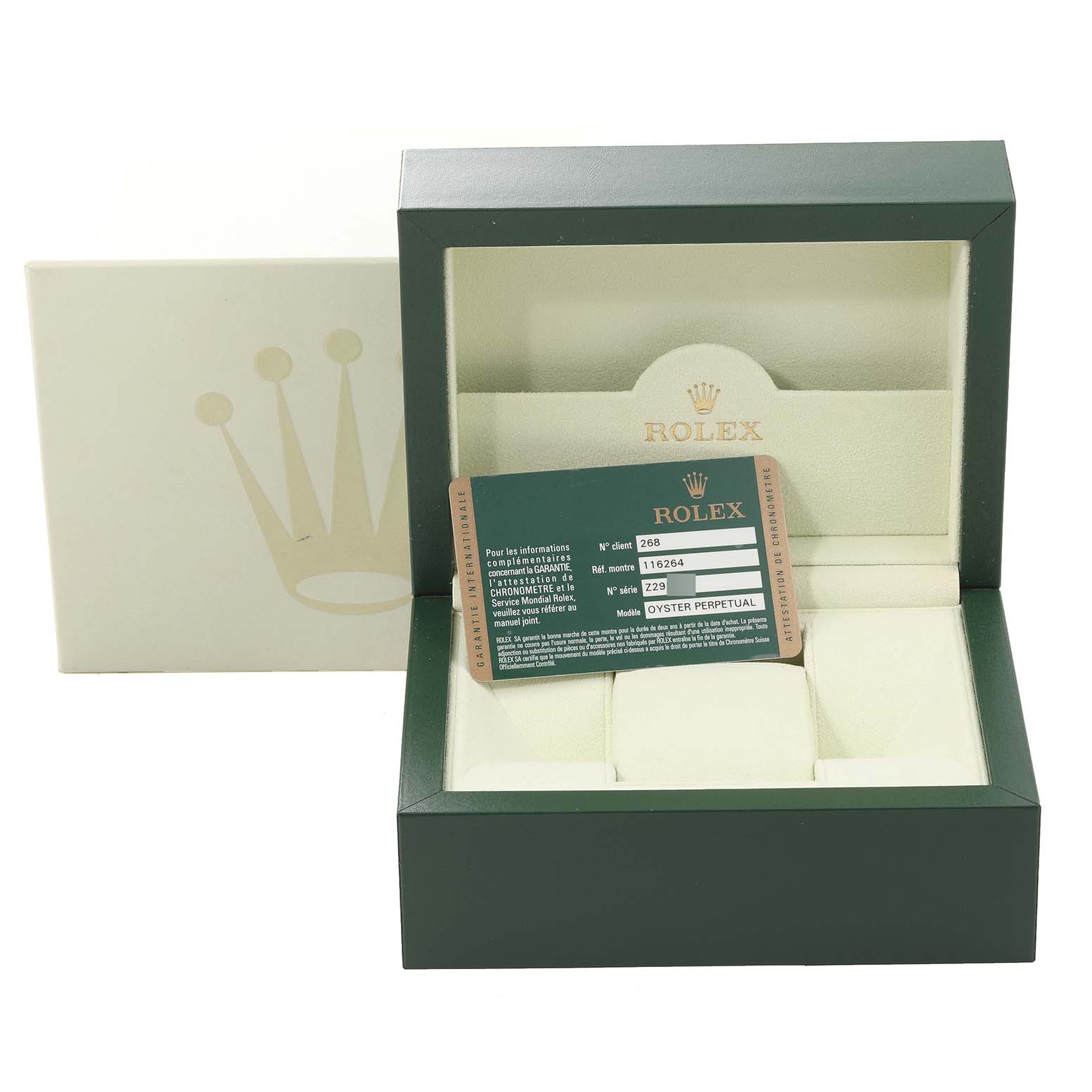 The image shows the packaging and a warranty card for a Rolex Turn-o-Graph 116264 Men
s Stainless Steel Black Dial 116264 Men
s Stainless Steel Black Dial watch, with the box opened and the card displayed inside.